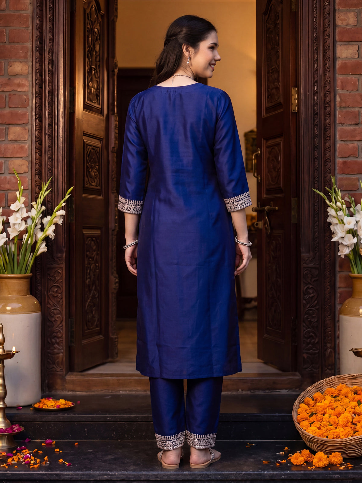 Purple Embroidered Straight Kurta Trousers With Dupatta Set-KH9BL13610