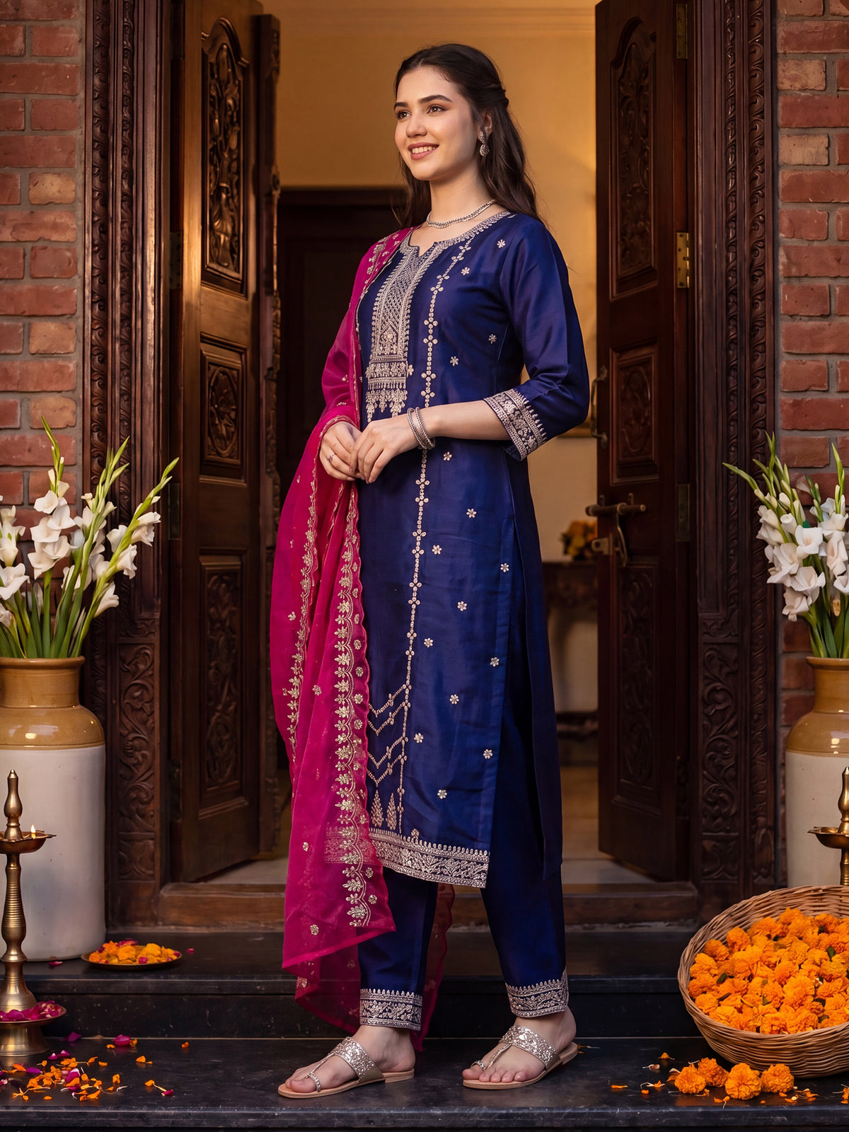 Purple Embroidered Straight Kurta Trousers With Dupatta Set-KH9BL13610