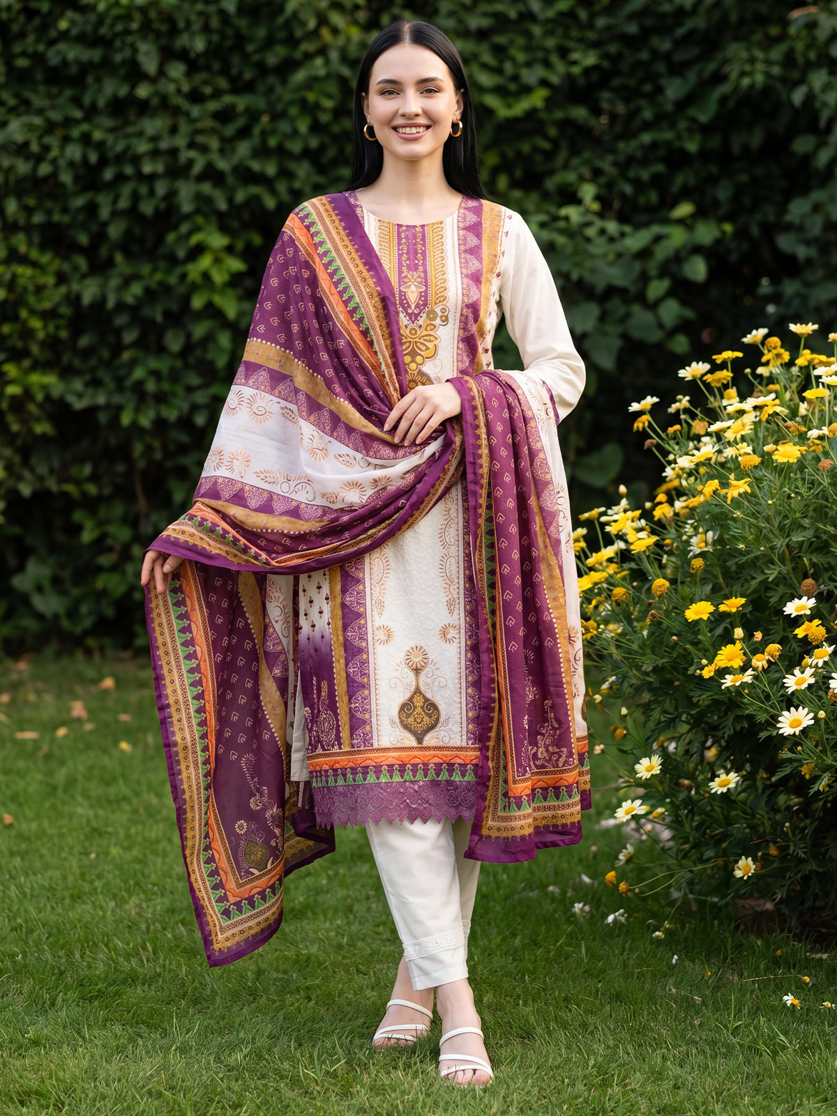 Cream Printed Straight Kurta Trousers With Dupatta Set-KH0CR13609