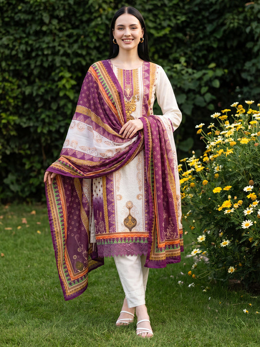 Cream Printed Straight Kurta Trousers With Dupatta Set-KH0CR13609