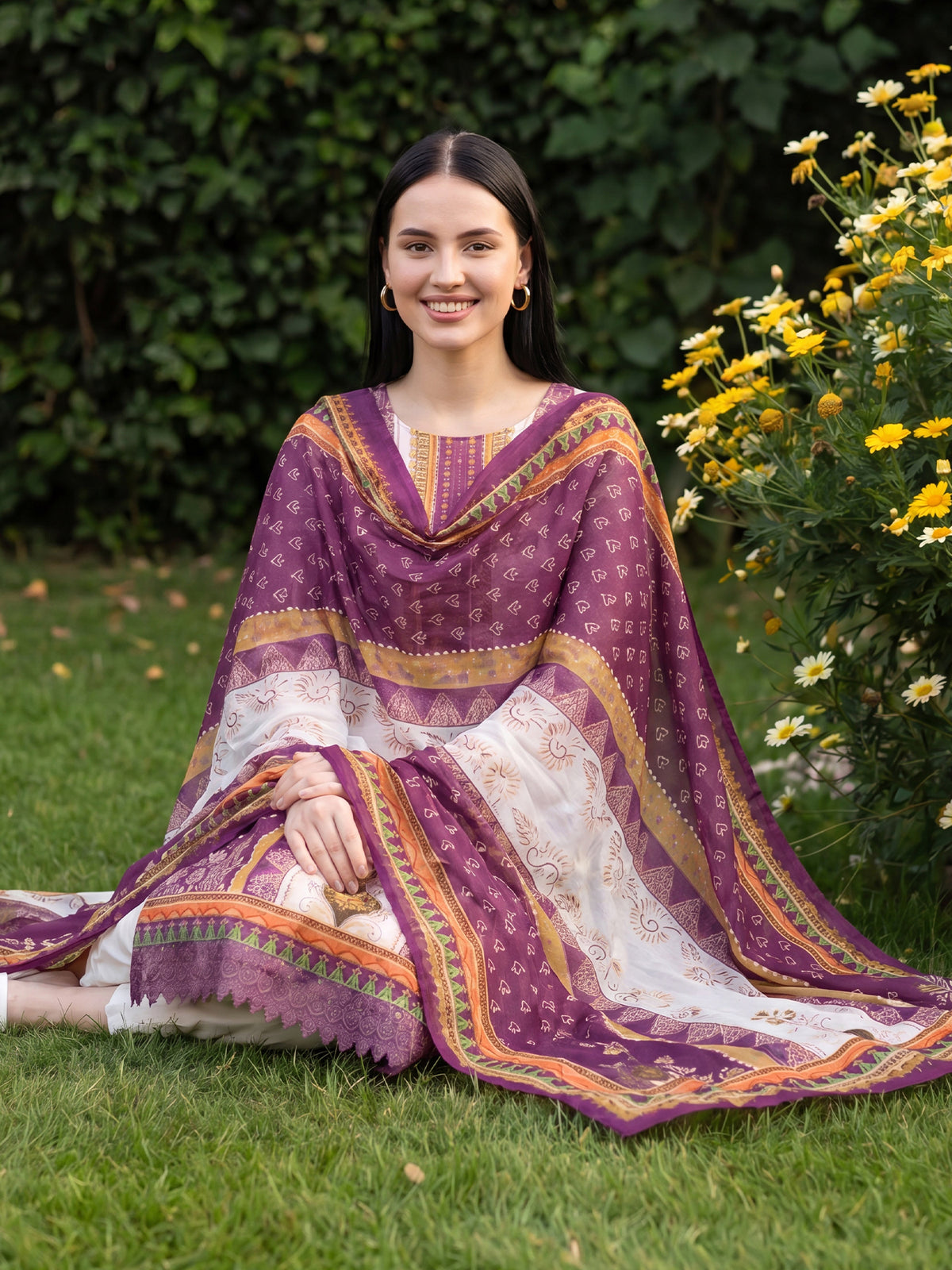 Cream Printed Straight Kurta Trousers With Dupatta Set-KH0CR13609