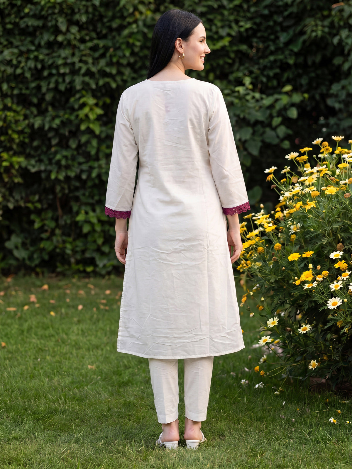 Cream Printed Straight Kurta Trousers With Dupatta Set-KH0CR13609