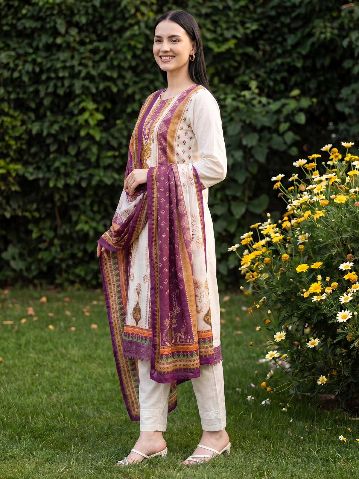 Cream Printed Straight Kurta Trousers With Dupatta Set-KH0CR13609