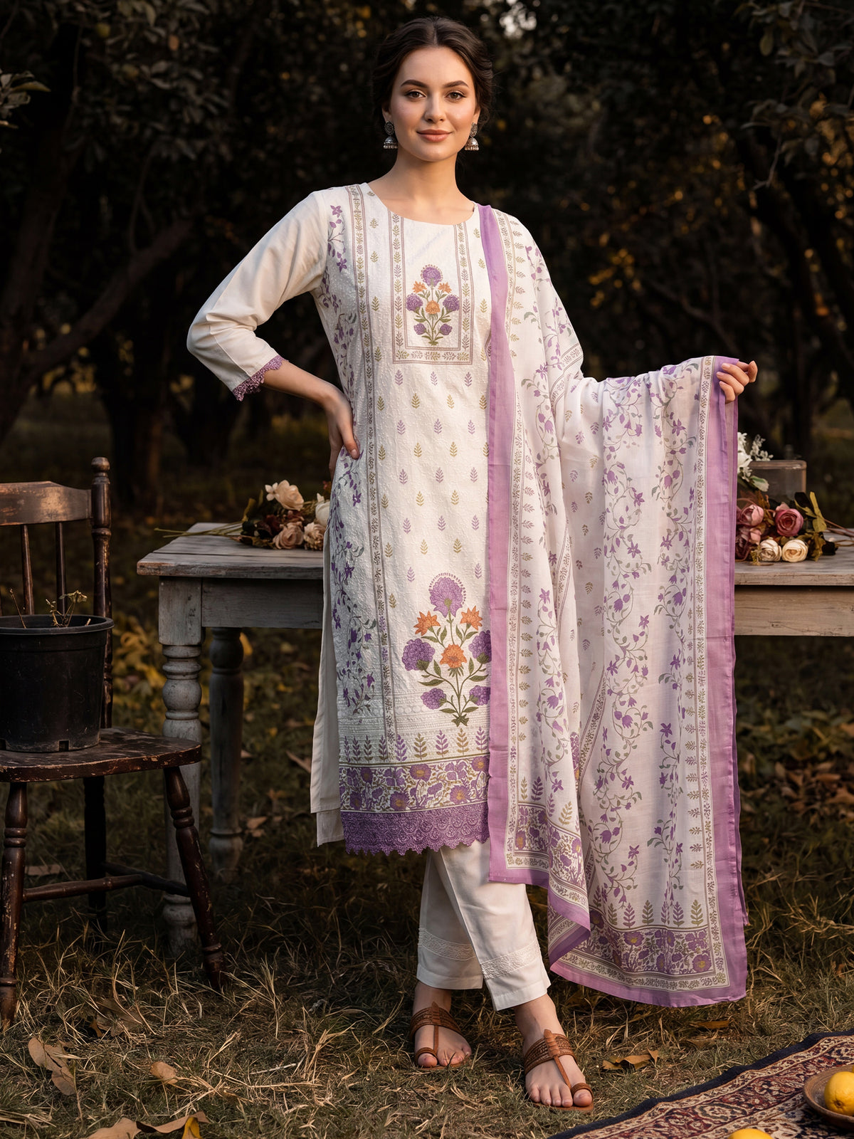 Cream Printed Straight Kurta Trousers With Dupatta Set-KH0CR13607