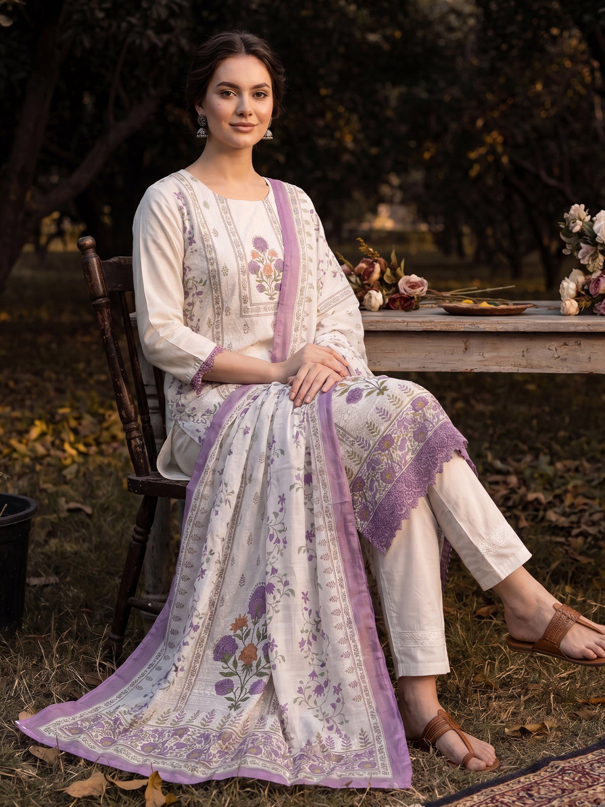 Cream Printed Straight Kurta Trousers With Dupatta Set-KH0CR13607