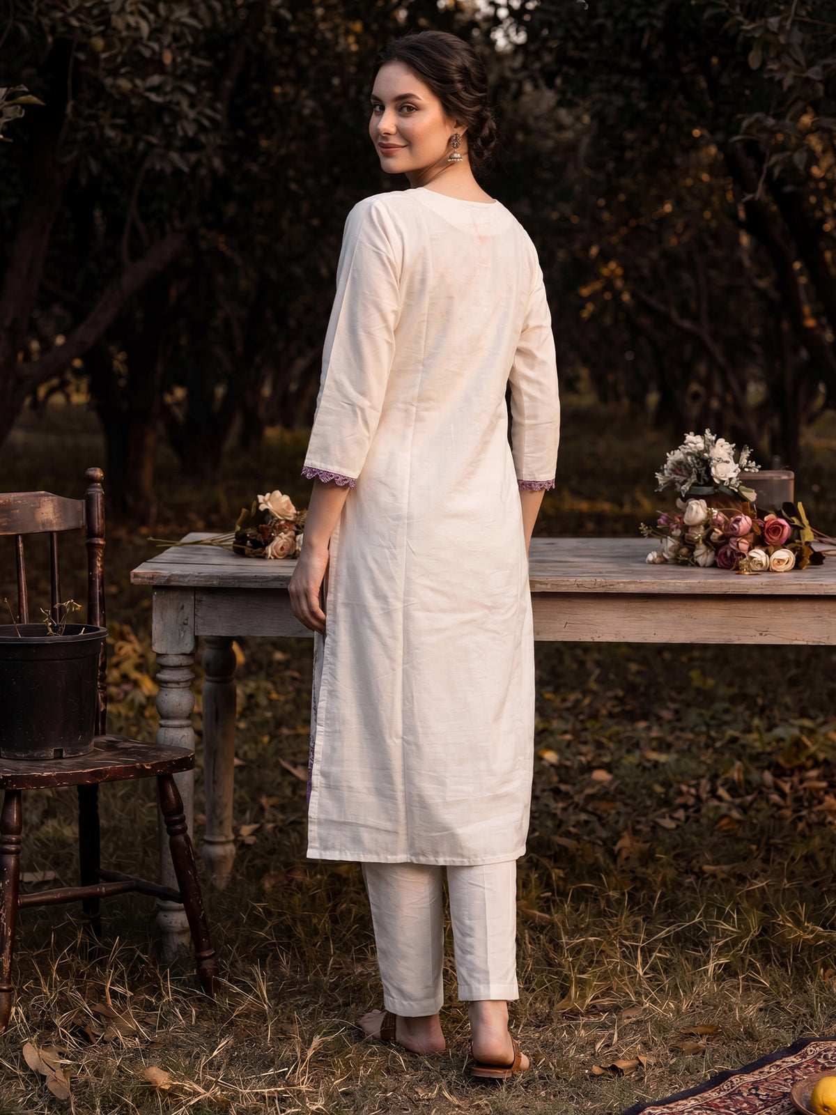 Cream Printed Straight Kurta Trousers With Dupatta Set-KH0CR13607