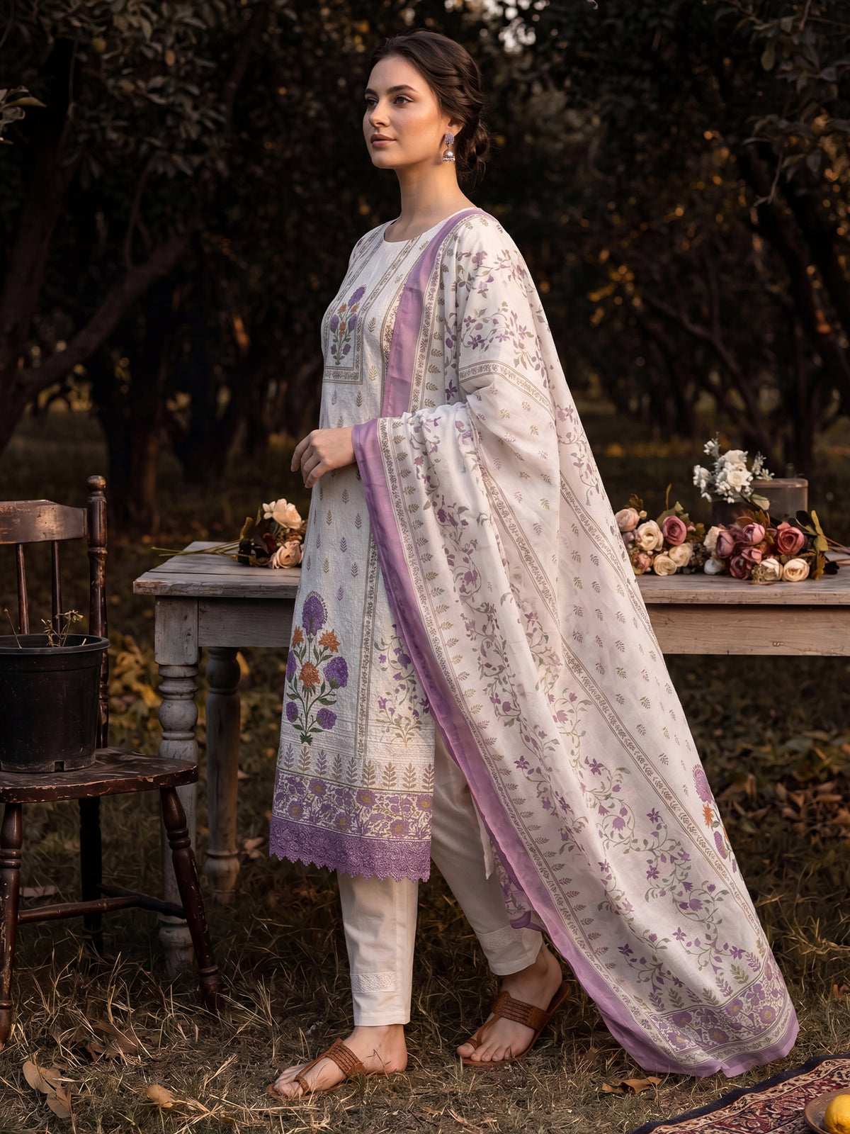 Cream Printed Straight Kurta Trousers With Dupatta Set-KH0CR13607