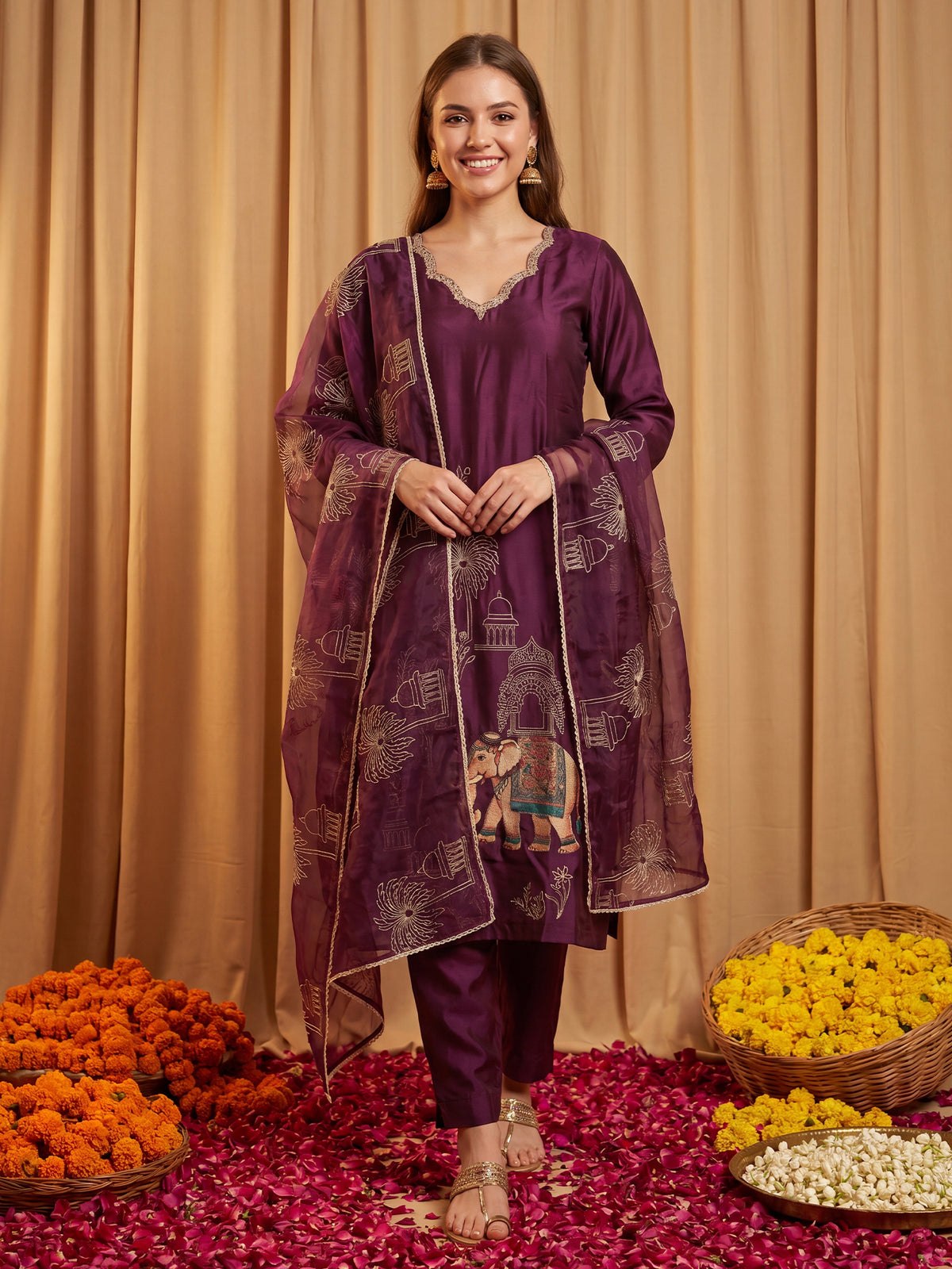 Burgundy Embroidered Straight Kurta Trousers With Dupatta Set-KH9WN13507