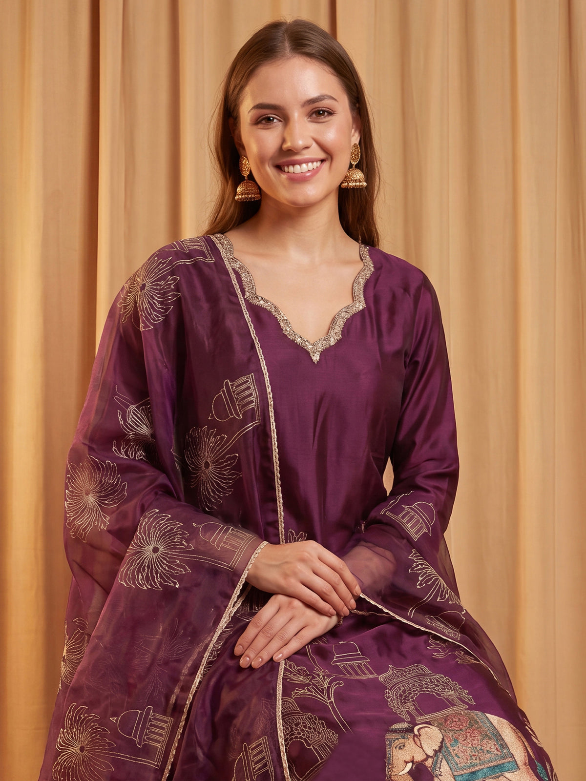 Burgundy Embroidered Straight Kurta Trousers With Dupatta Set-KH9WN13507