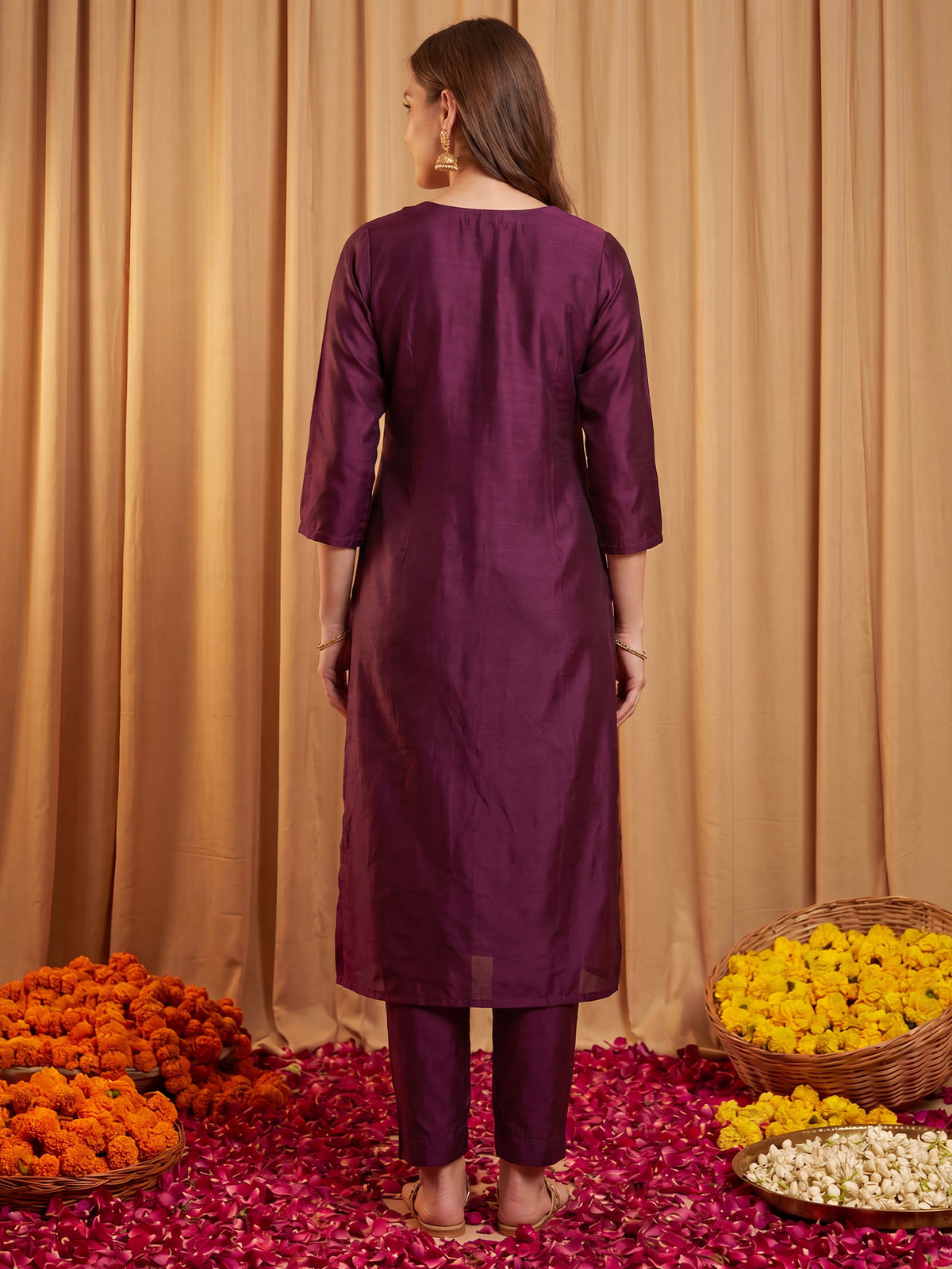 Burgundy Embroidered Straight Kurta Trousers With Dupatta Set-KH9WN13507