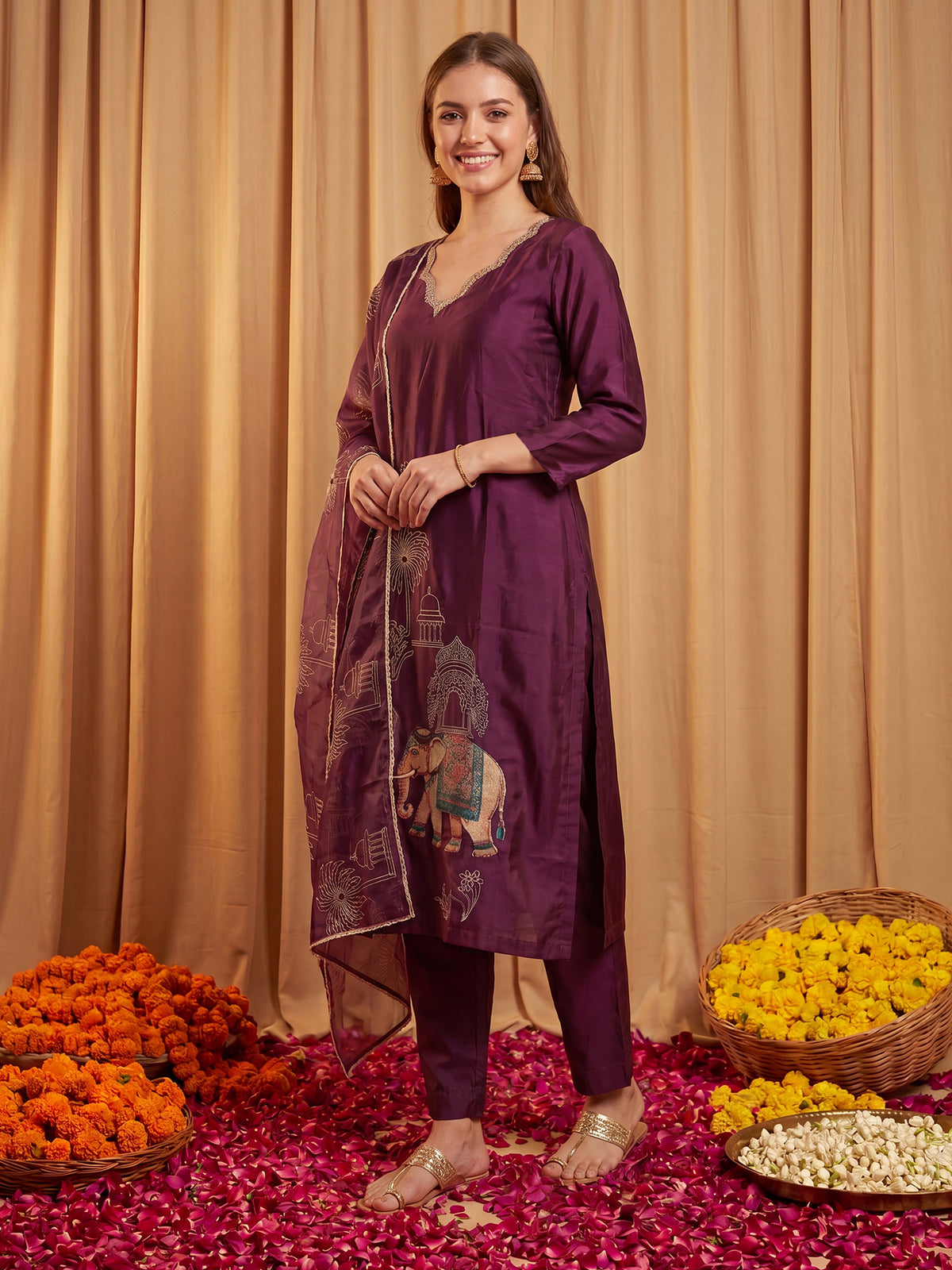 Burgundy Embroidered Straight Kurta Trousers With Dupatta Set-KH9WN13507