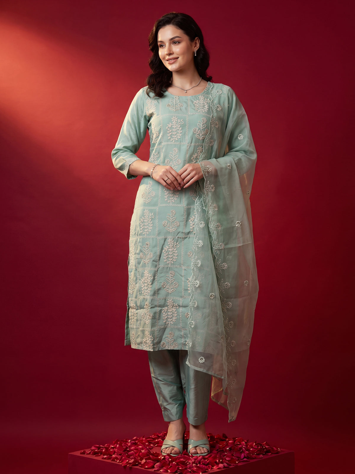 Sea Green Embroidered Straight Kurta Trousers With Dupatta Set-KH9SG13427