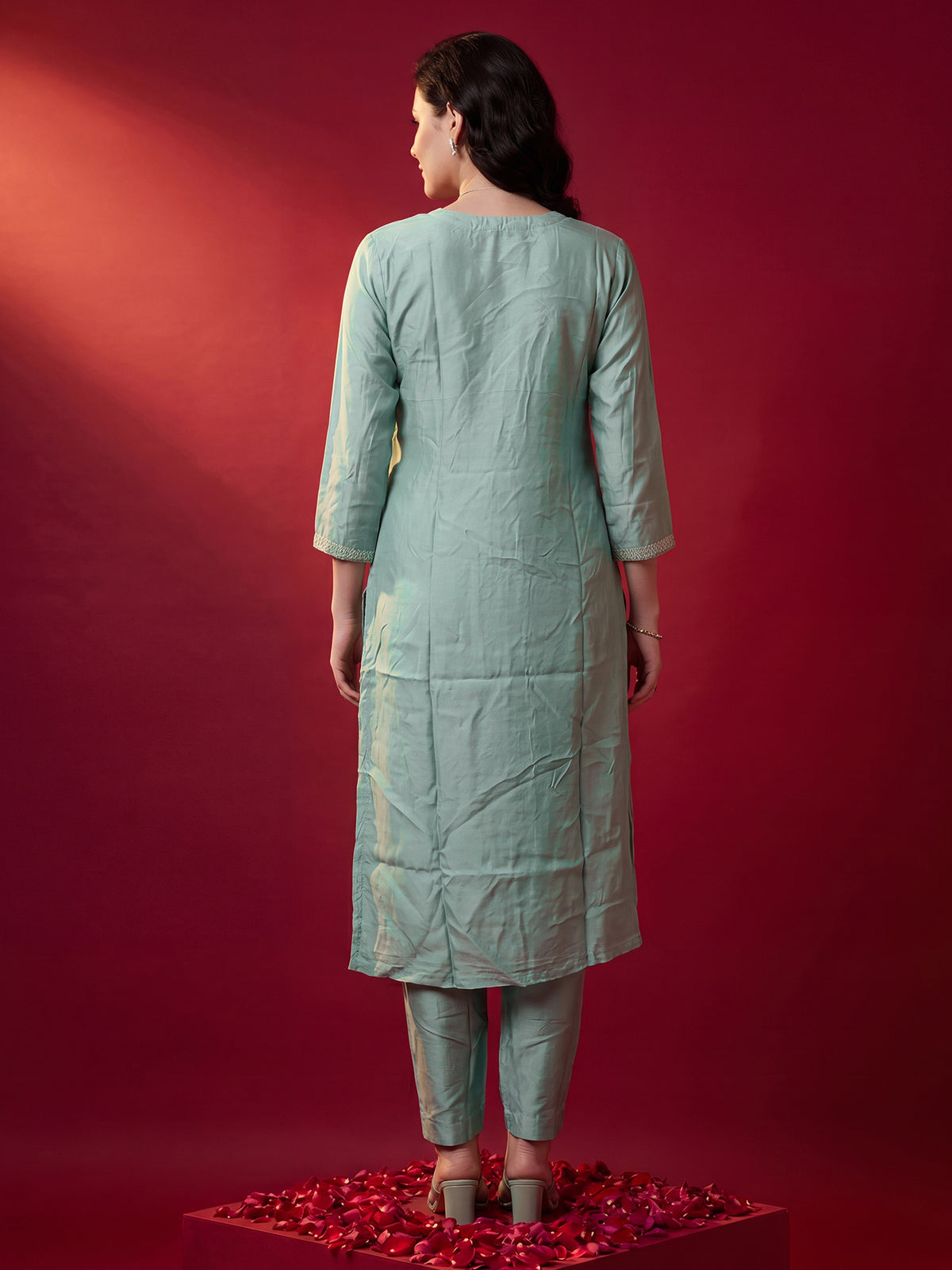 Sea Green Embroidered Straight Kurta Trousers With Dupatta Set-KH9SG13427