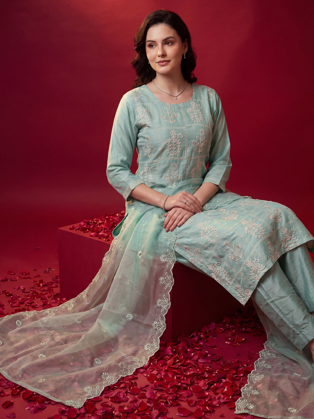 Sea Green Embroidered Straight Kurta Trousers With Dupatta Set-KH9SG13427