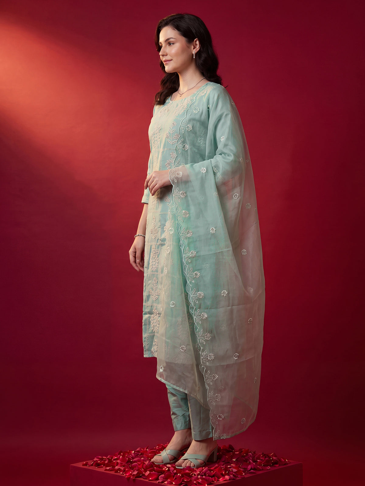 Sea Green Embroidered Straight Kurta Trousers With Dupatta Set-KH9SG13427