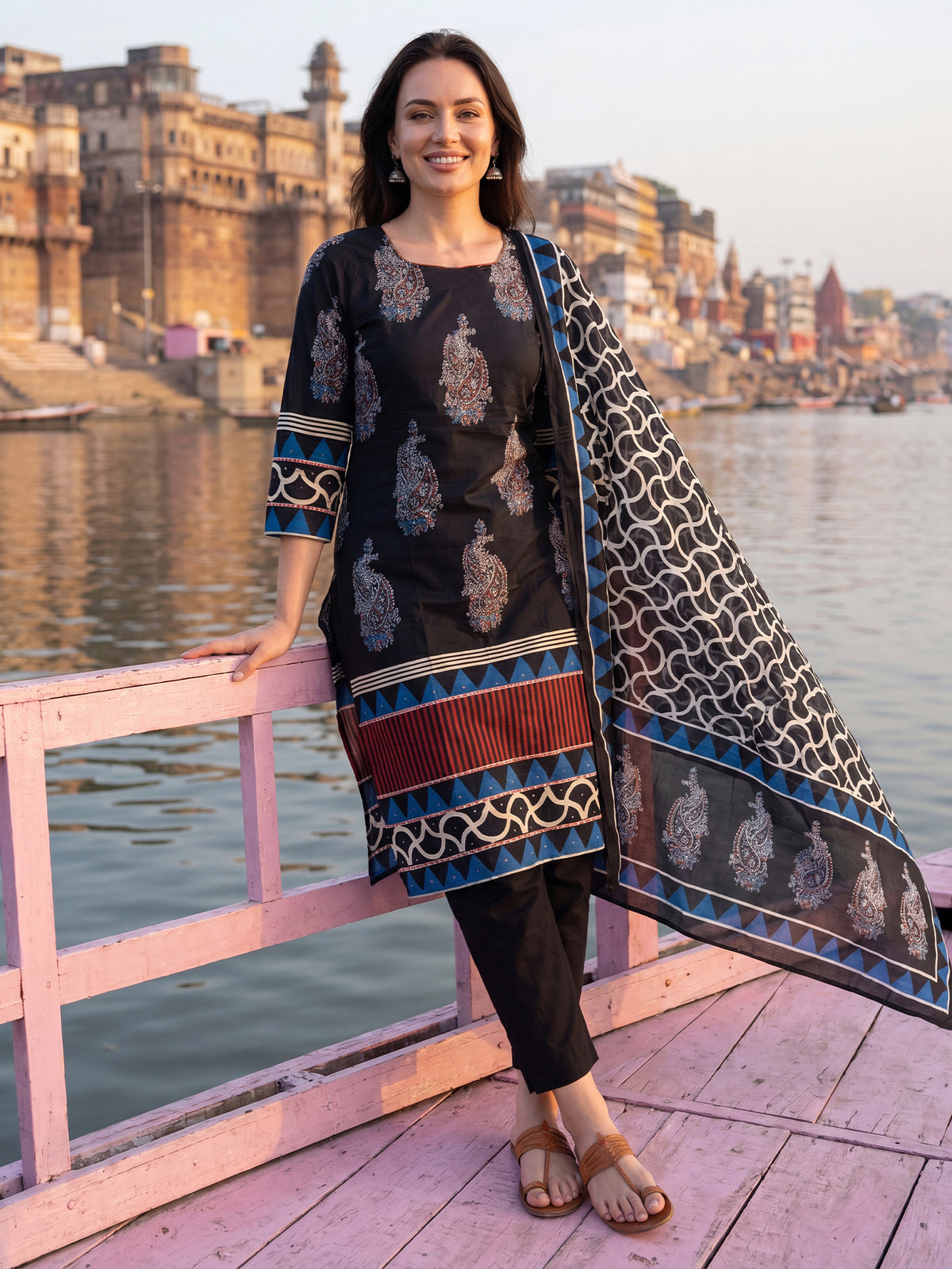 Black Printed Straight Kurta Trousers With Dupatta Set-KH0BK13362