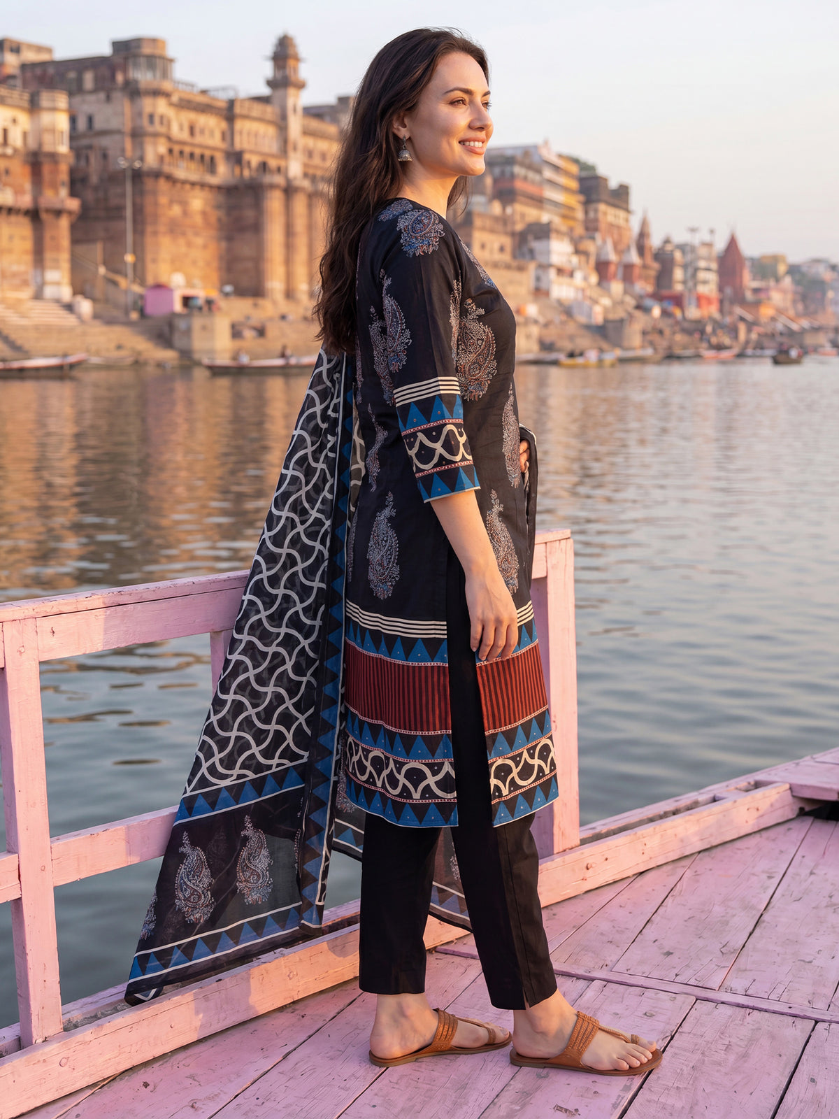 Black Printed Straight Kurta Trousers With Dupatta Set-KH0BK13362