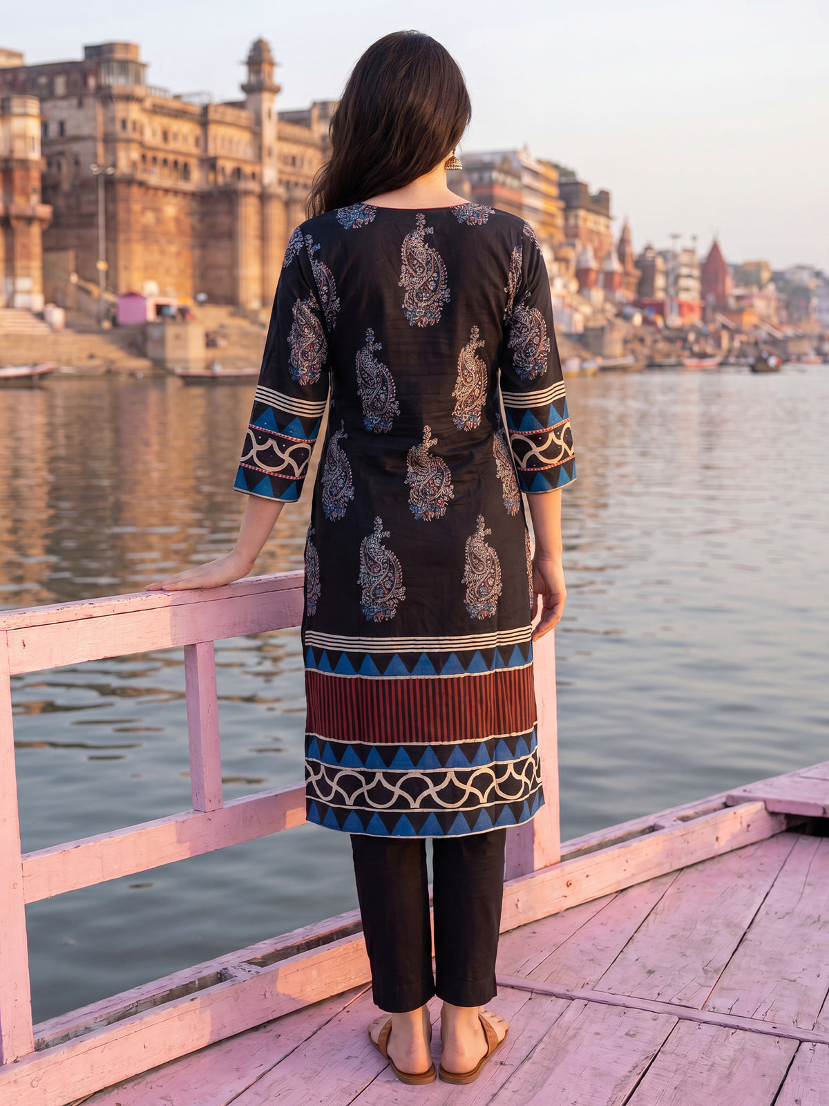 Black Printed Straight Kurta Trousers With Dupatta Set-KH0BK13362