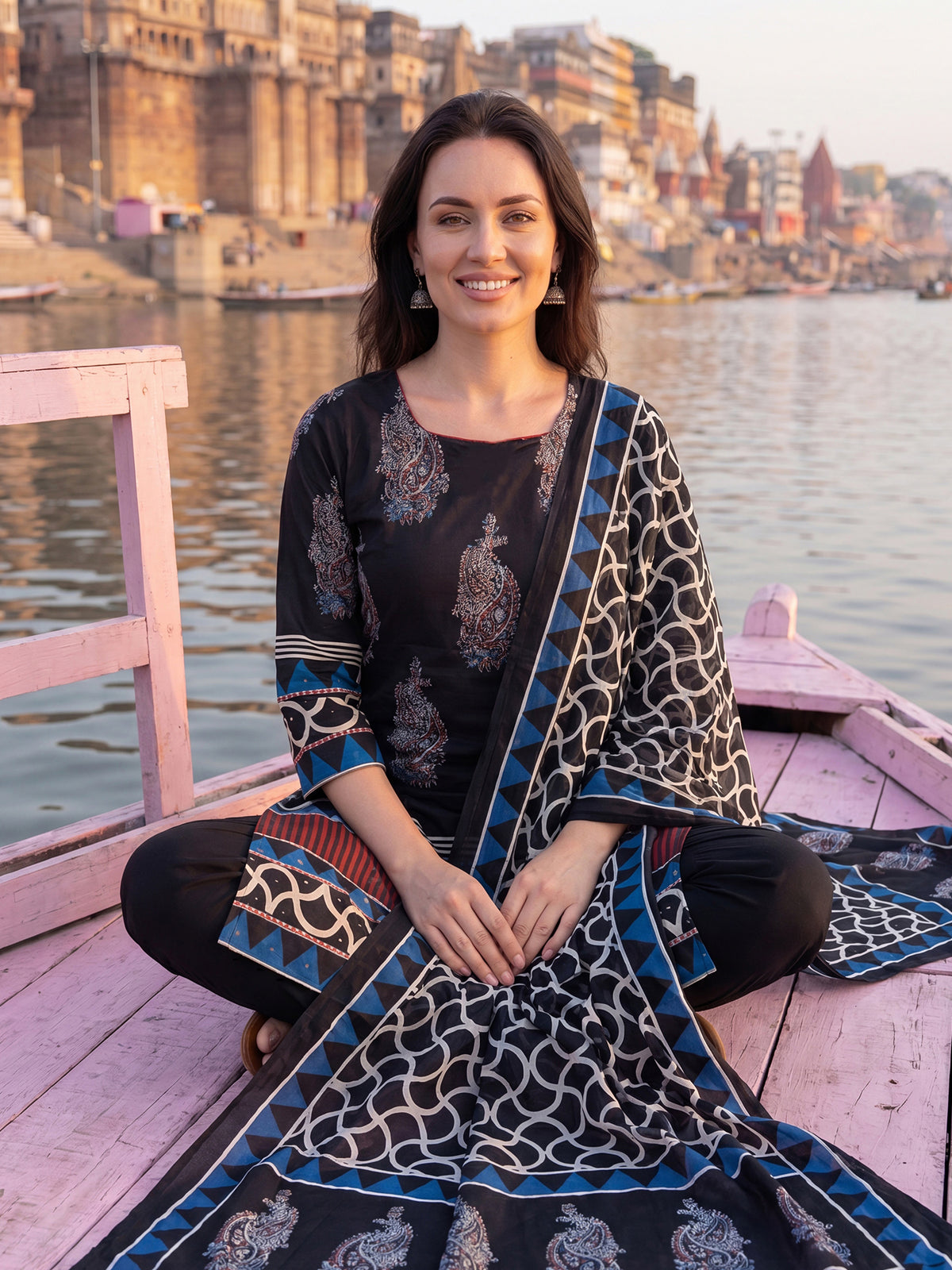 Black Printed Straight Kurta Trousers With Dupatta Set-KH0BK13362