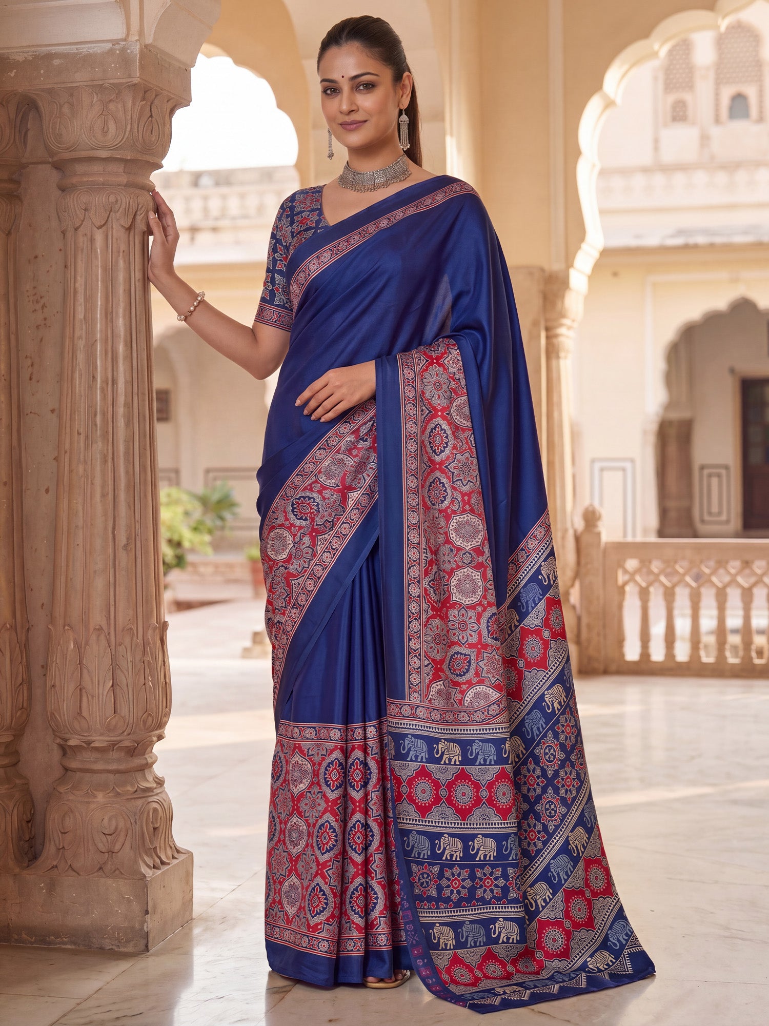 Women's Satin Navy Blue Printed Designer Saree With Blouse Piece
