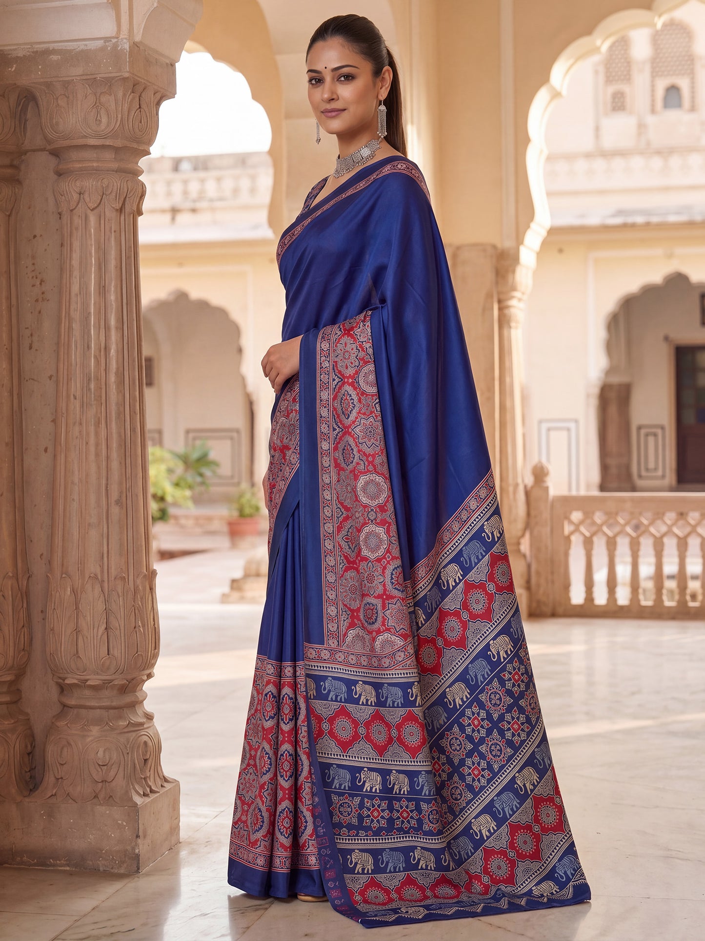 Women's Satin Navy Blue Printed Designer Saree With Blouse Piece