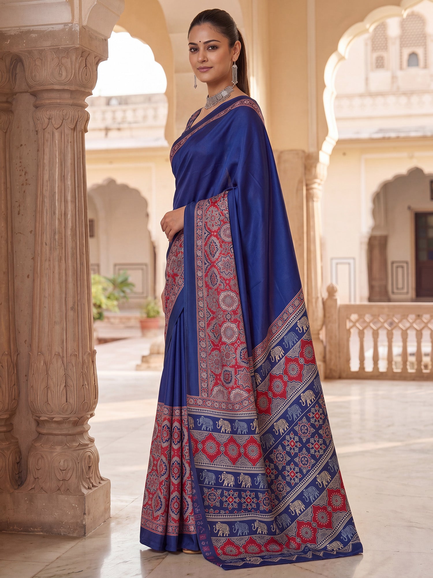 Women's Satin Navy Blue Printed Designer Saree With Blouse Piece