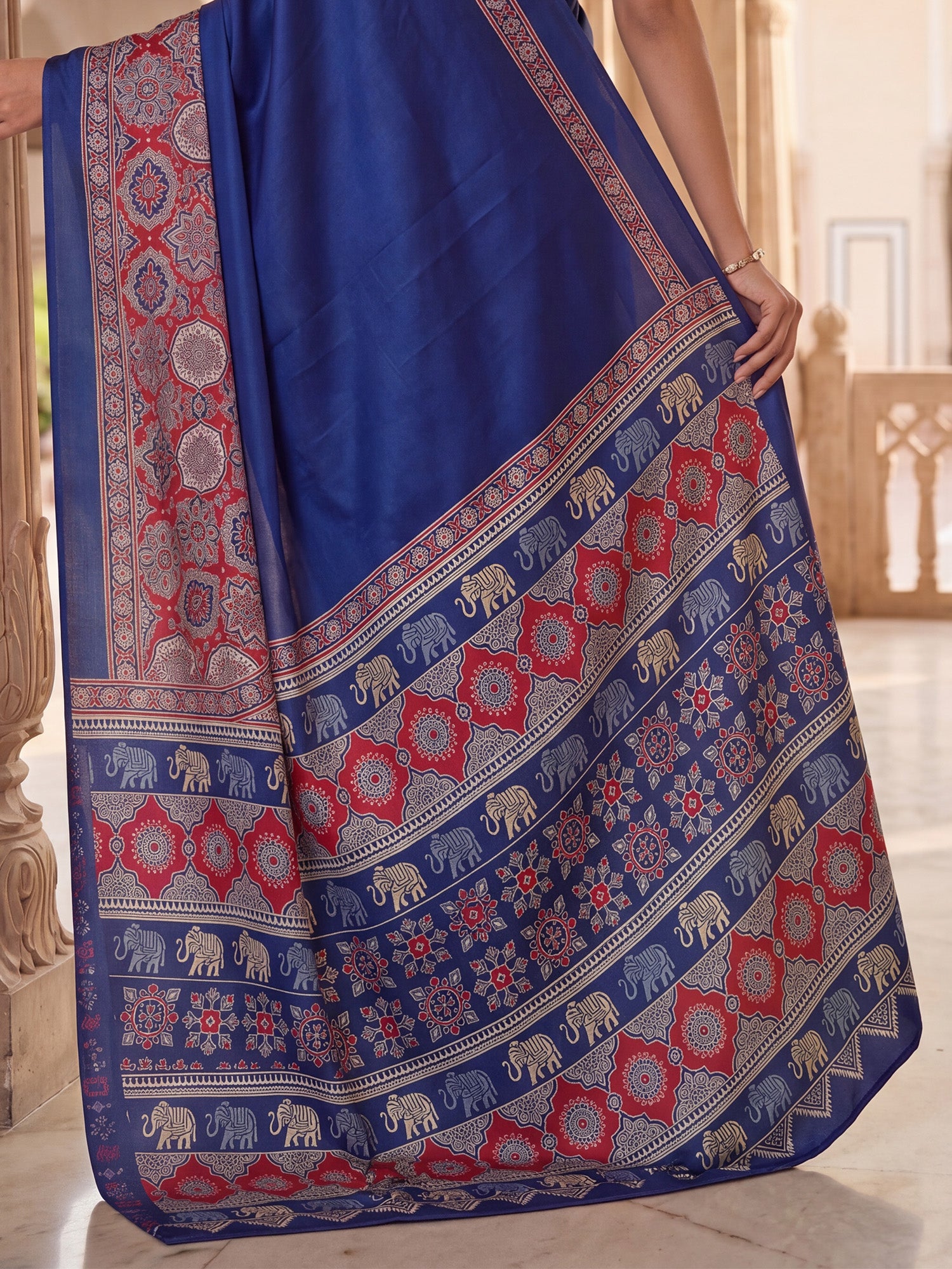 Women's Satin Navy Blue Printed Designer Saree With Blouse Piece