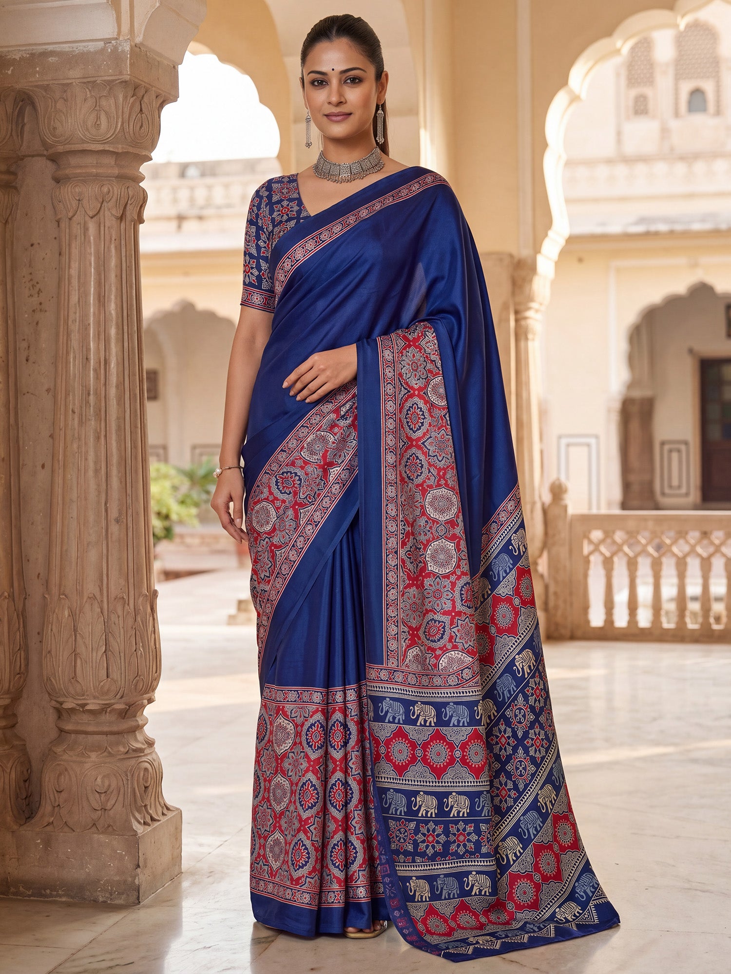 Women's Satin Navy Blue Printed Designer Saree With Blouse Piece