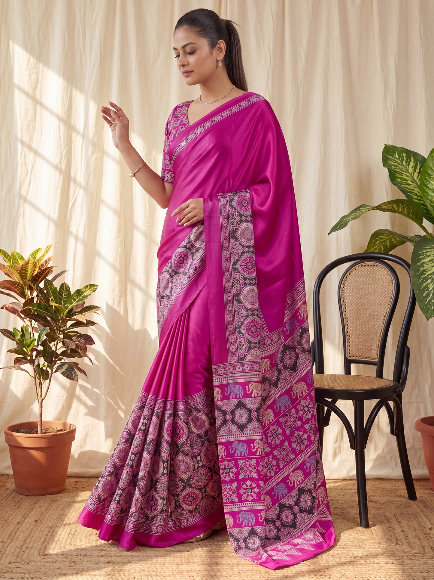 Women's Satin Magenta Printed Designer Saree With Blouse Piece