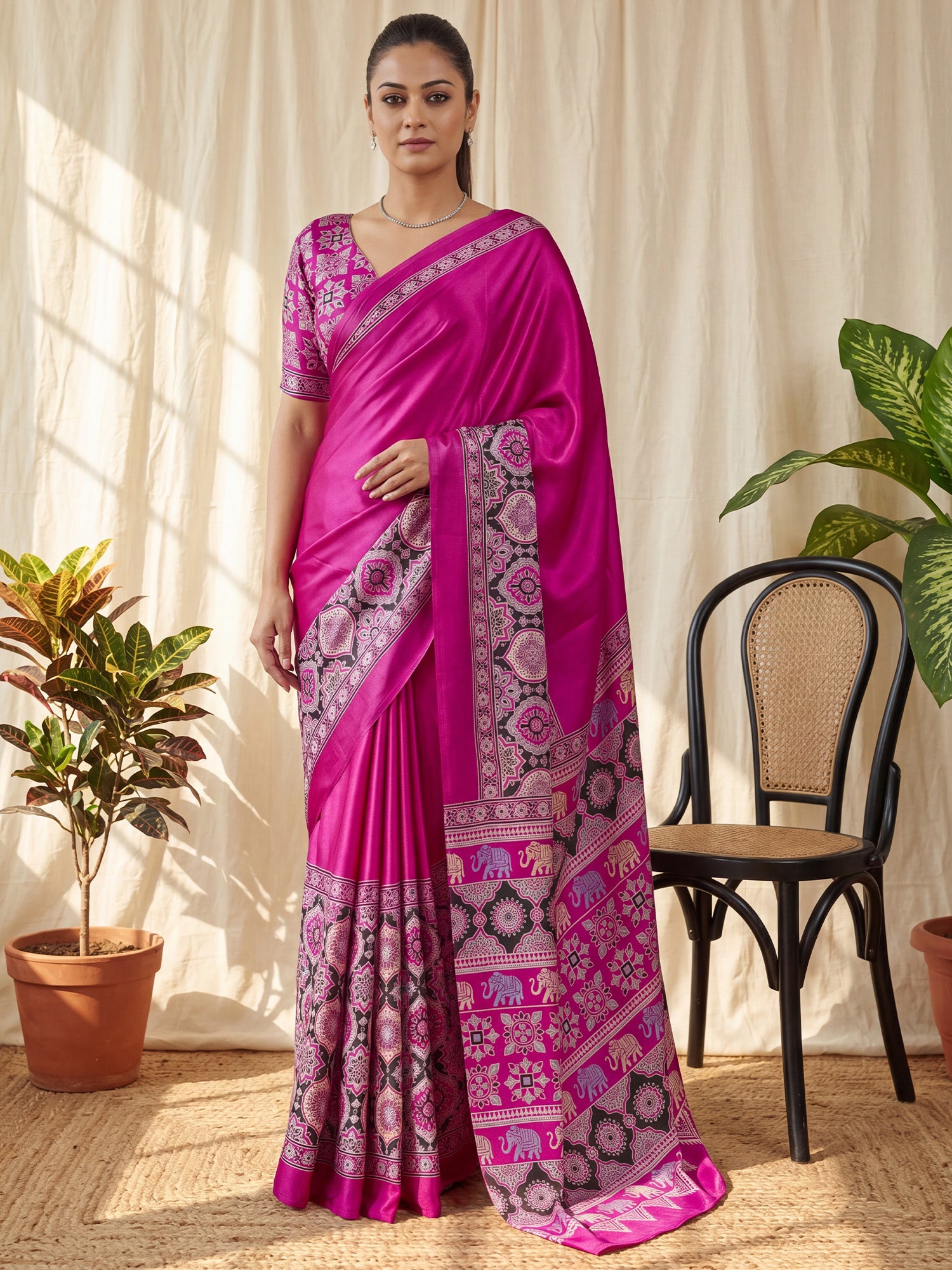 Women's Satin Magenta Printed Designer Saree With Blouse Piece