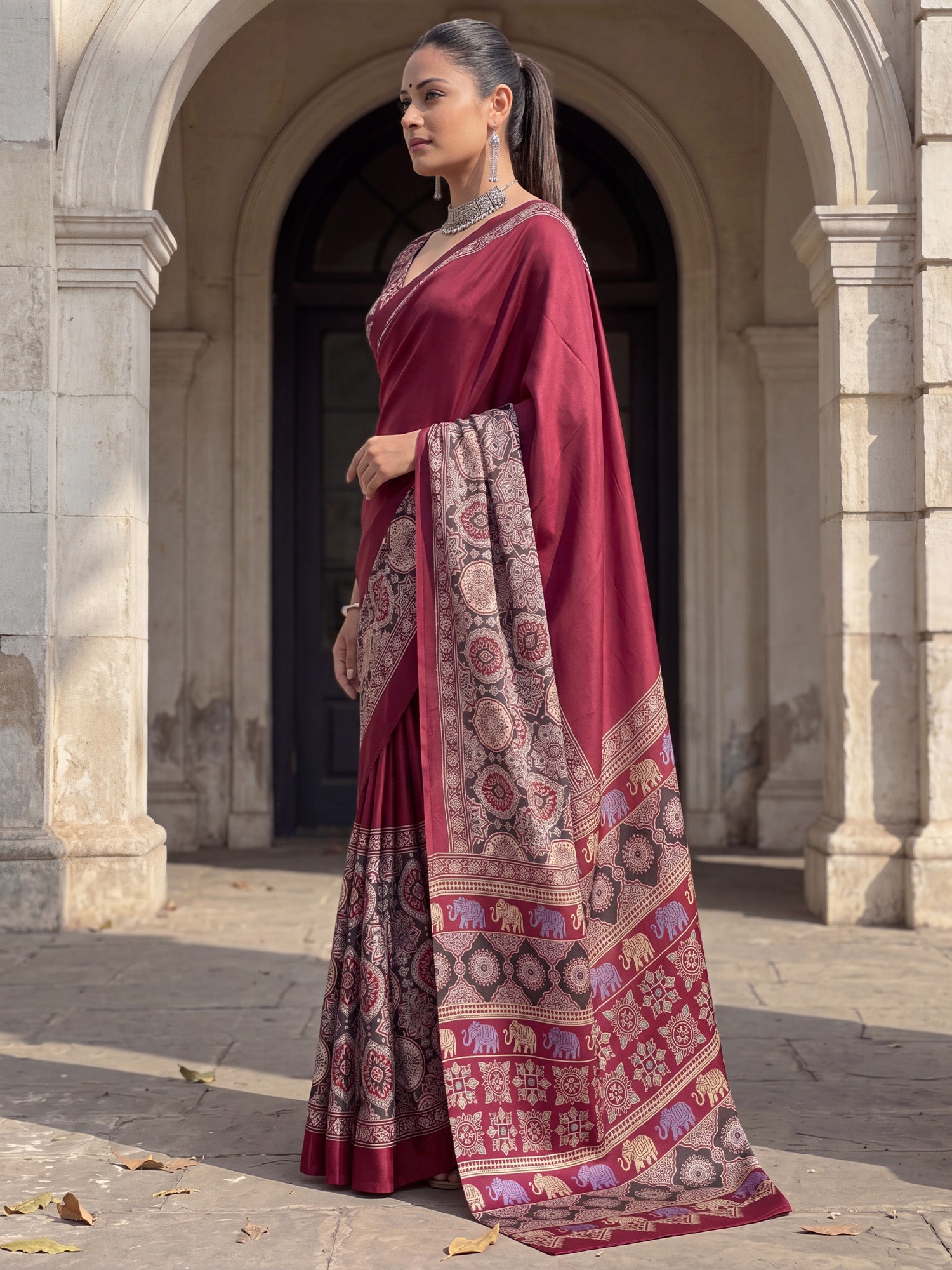 Women's Satin Maroon Printed Designer Saree With Blouse Piece