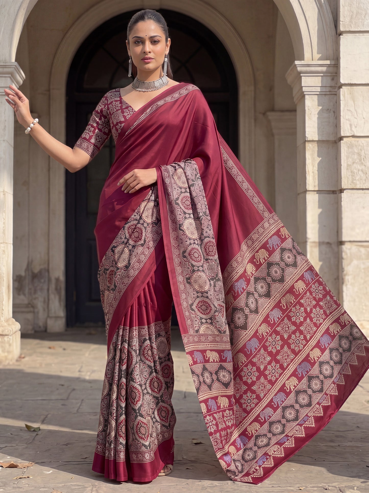 Women's Satin Maroon Printed Designer Saree With Blouse Piece