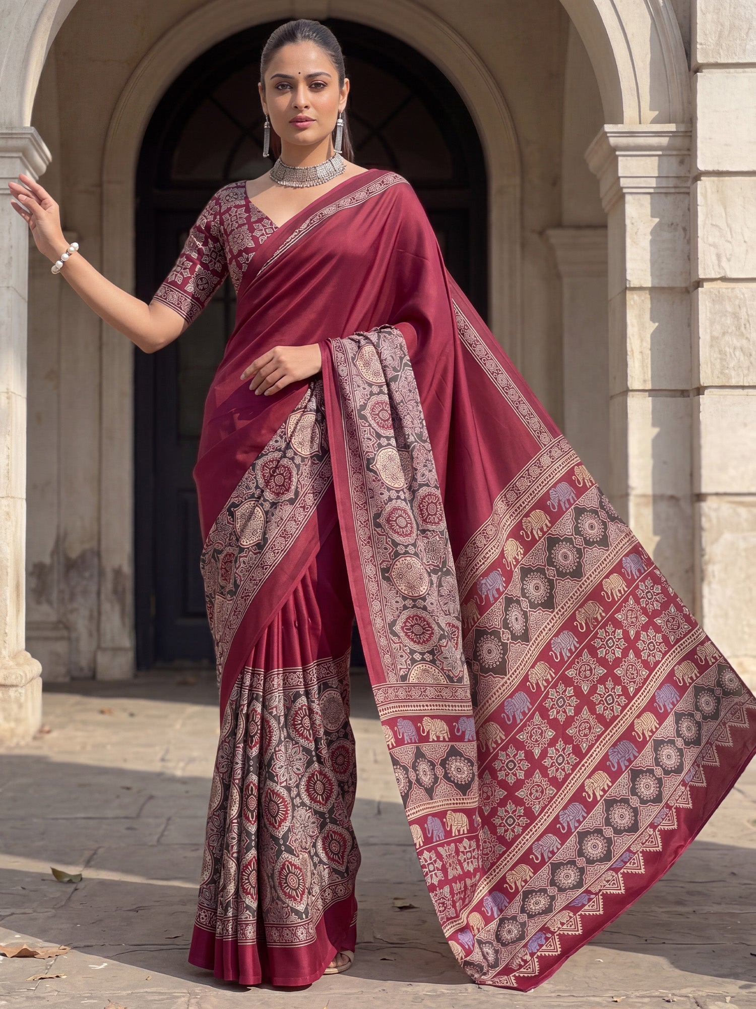 Women's Satin Maroon Printed Designer Saree With Blouse Piece