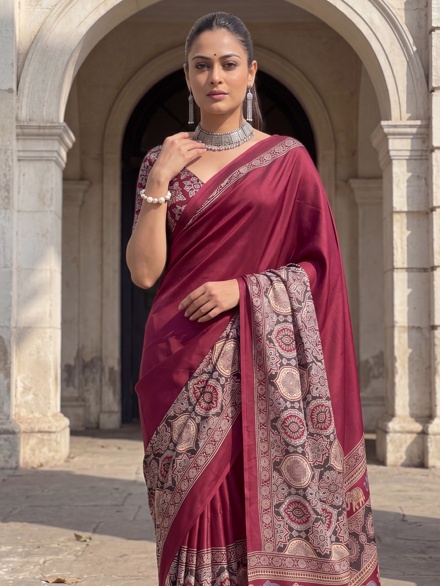 Women's Satin Maroon Printed Designer Saree With Blouse Piece