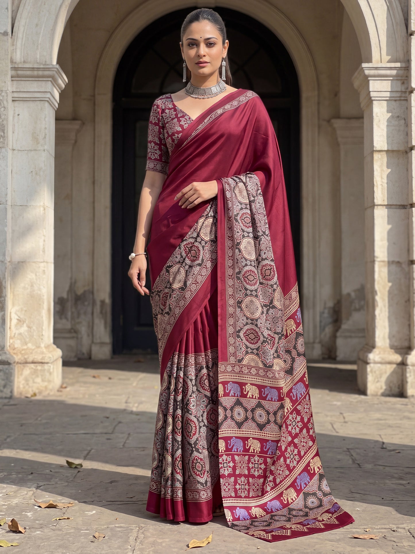 Women's Satin Maroon Printed Designer Saree With Blouse Piece