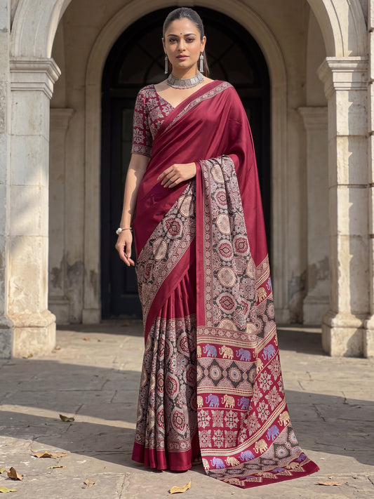 Women's Satin Maroon Printed Designer Saree With Blouse Piece