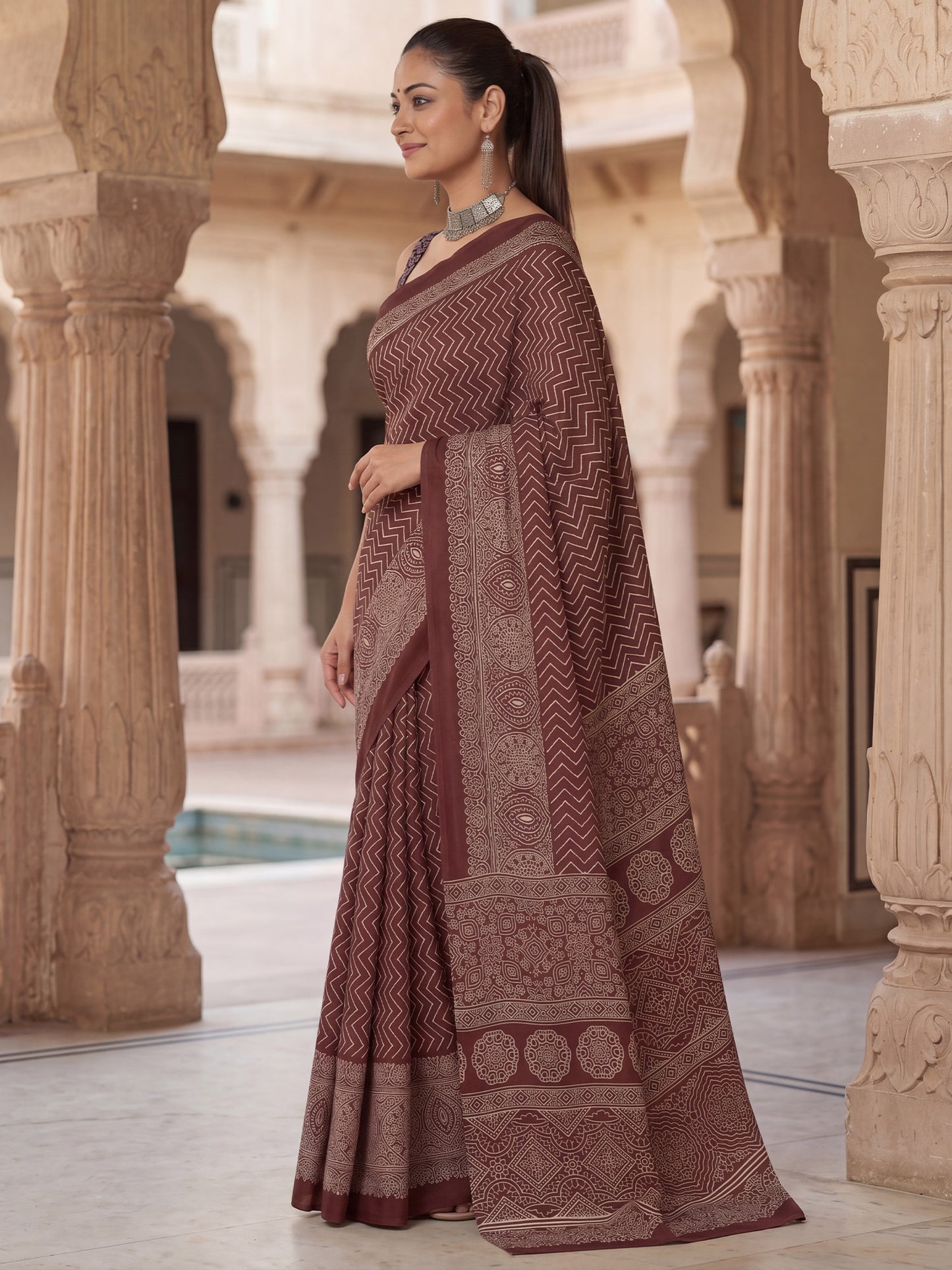 Women's Satin Coffee Brown Printed Designer Saree With Blouse Piece