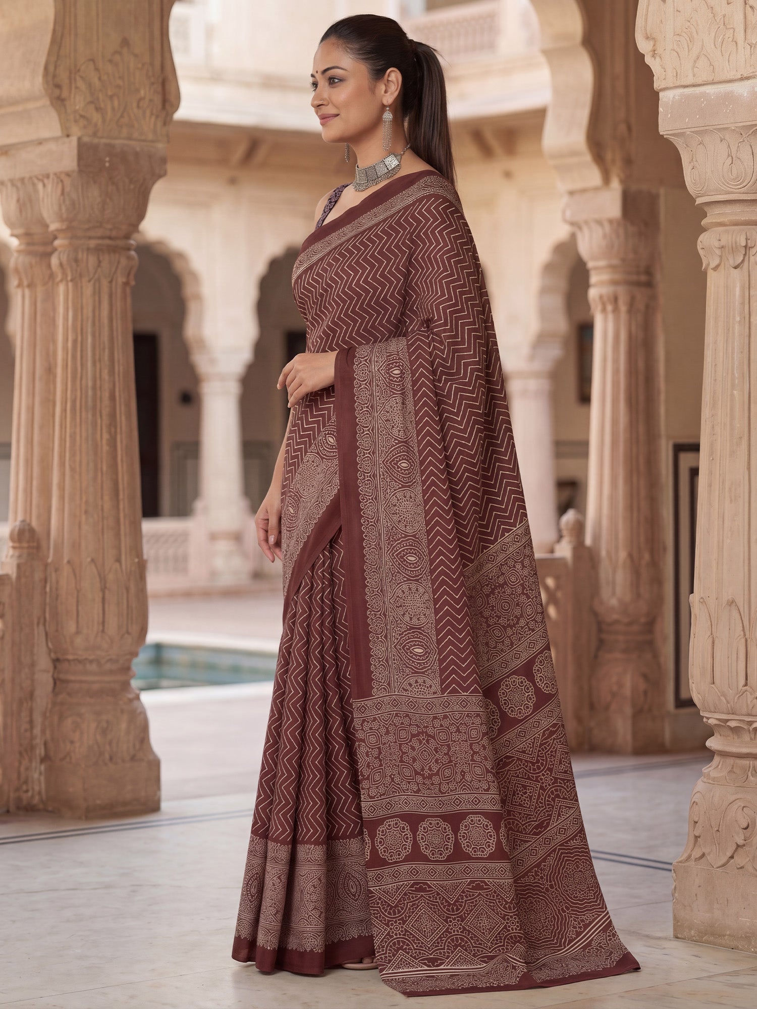 Women's Satin Coffee Brown Printed Designer Saree With Blouse Piece