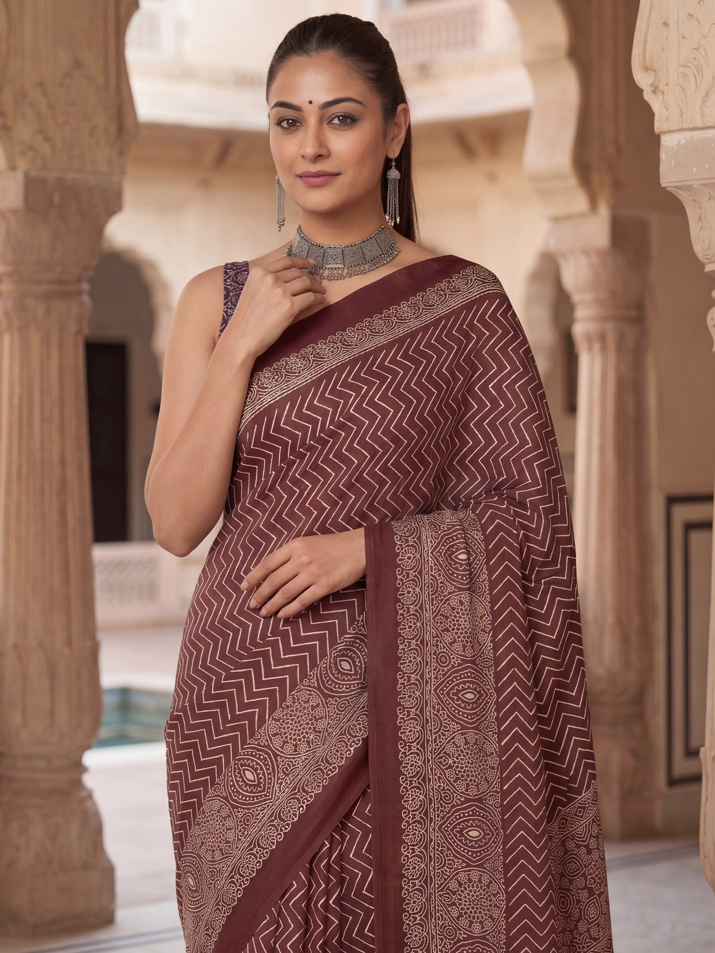 Women's Satin Coffee Brown Printed Designer Saree With Blouse Piece