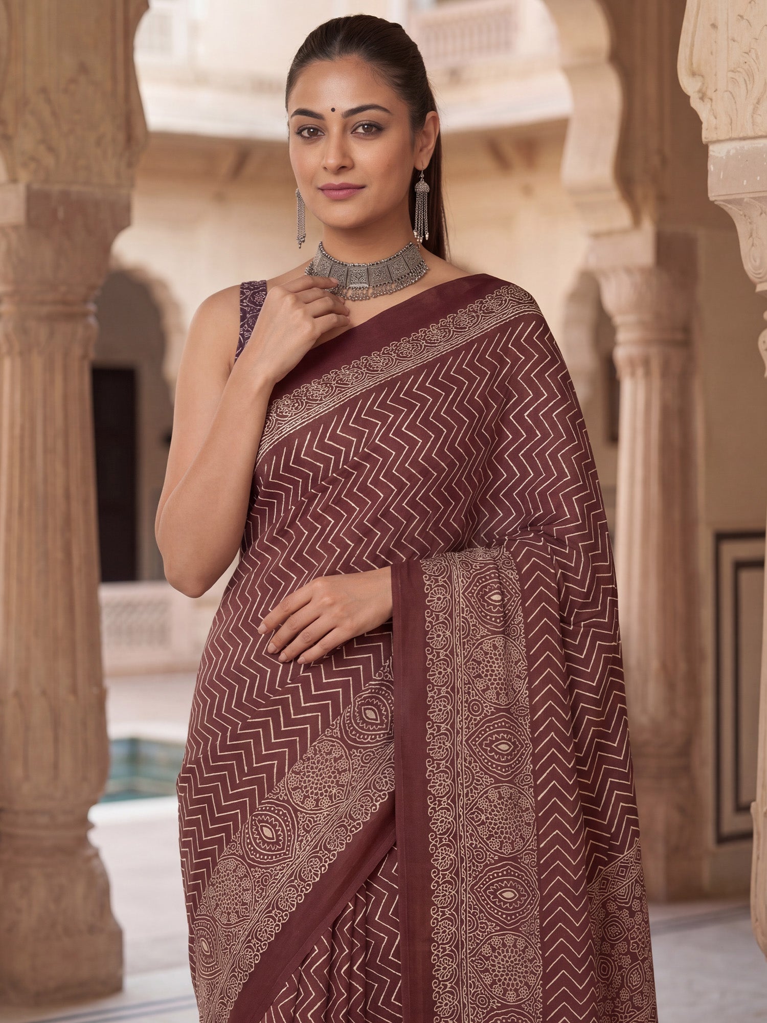 Women's Satin Coffee Brown Printed Designer Saree With Blouse Piece