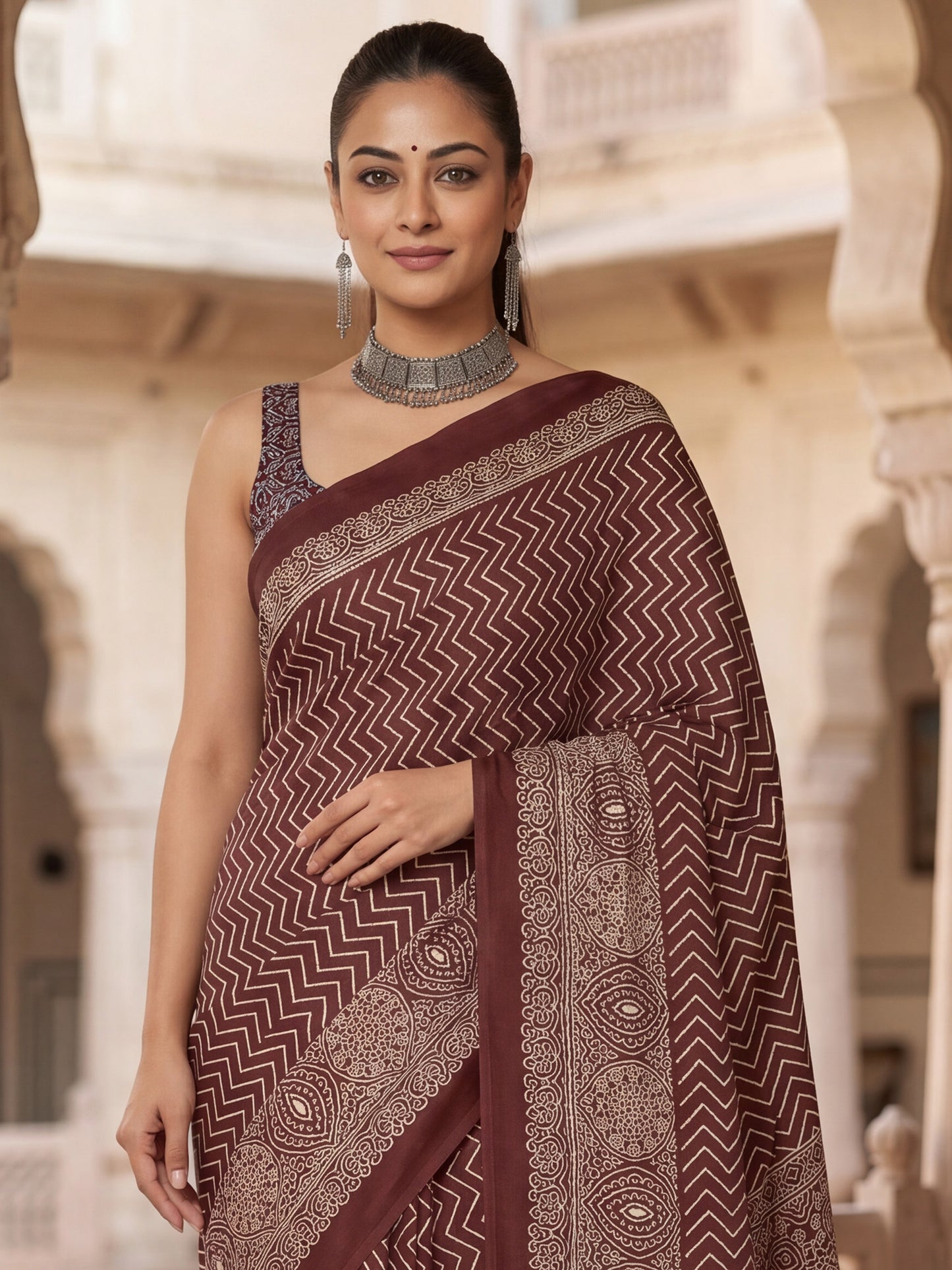 Women's Satin Coffee Brown Printed Designer Saree With Blouse Piece
