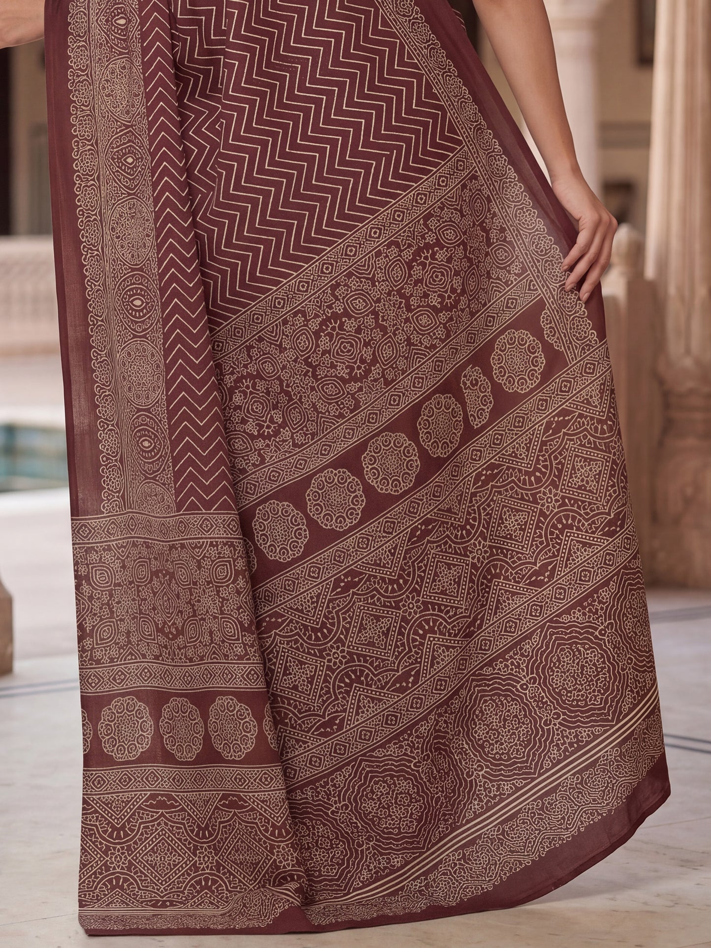Women's Satin Coffee Brown Printed Designer Saree With Blouse Piece