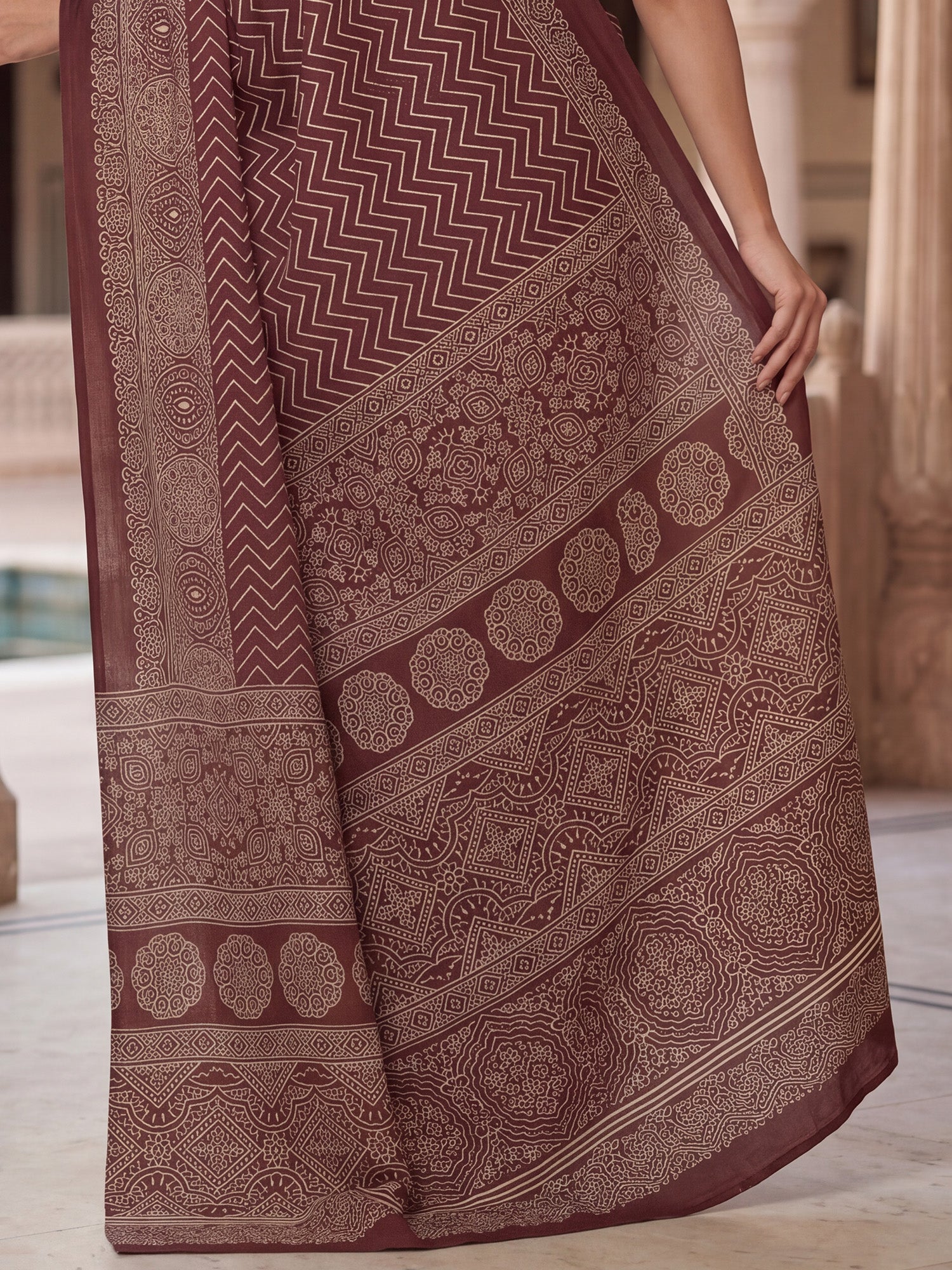 Women's Satin Coffee Brown Printed Designer Saree With Blouse Piece