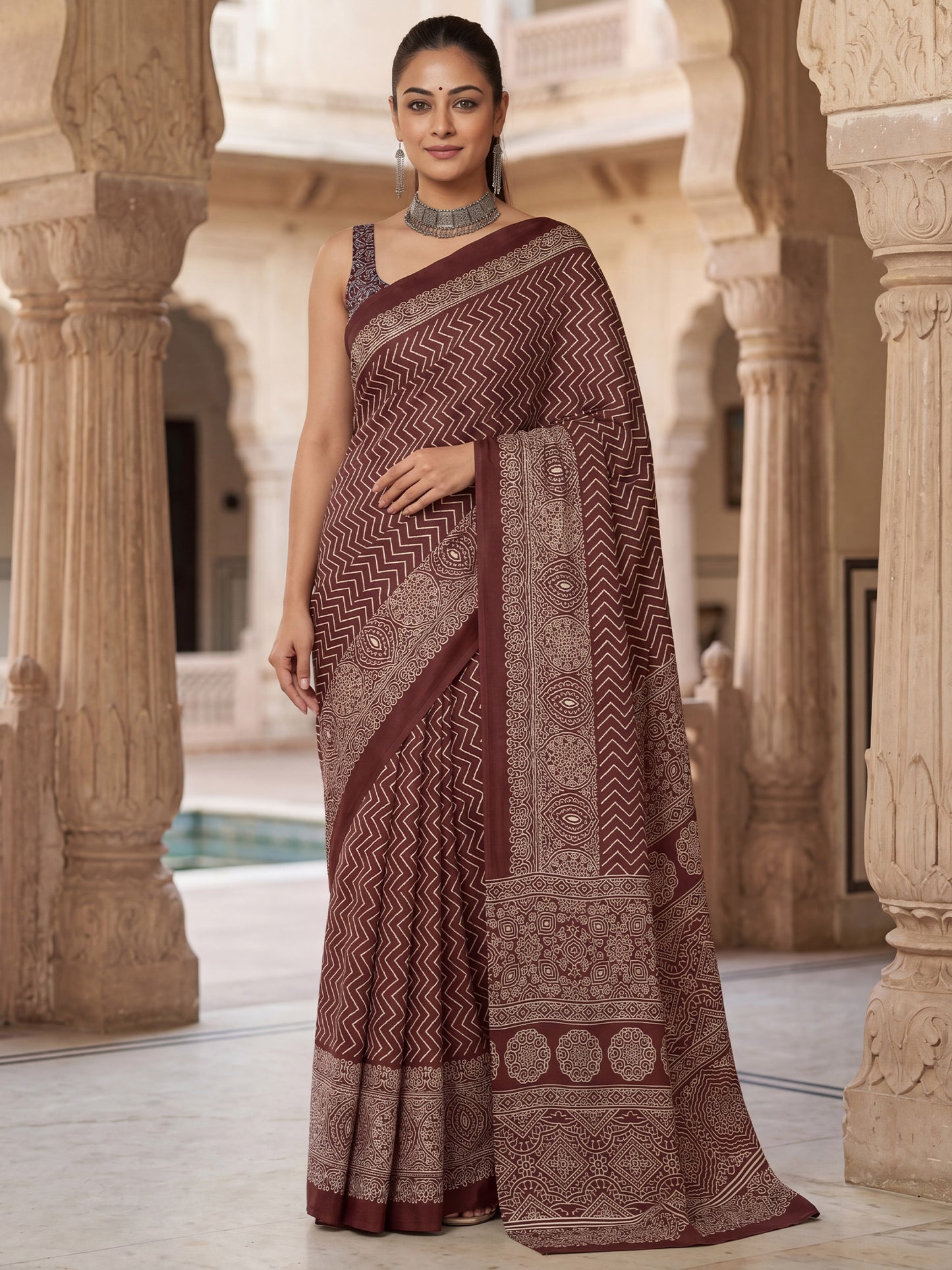 Women's Satin Coffee Brown Printed Designer Saree With Blouse Piece