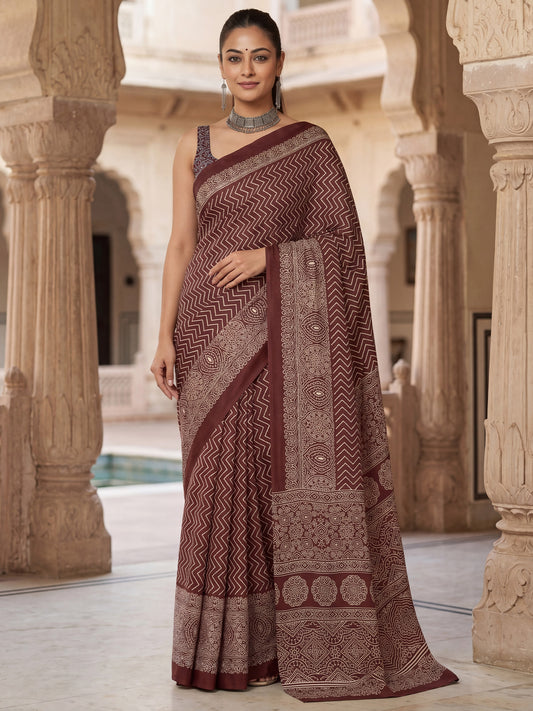 Women's Satin Coffee Brown Printed Designer Saree With Blouse Piece