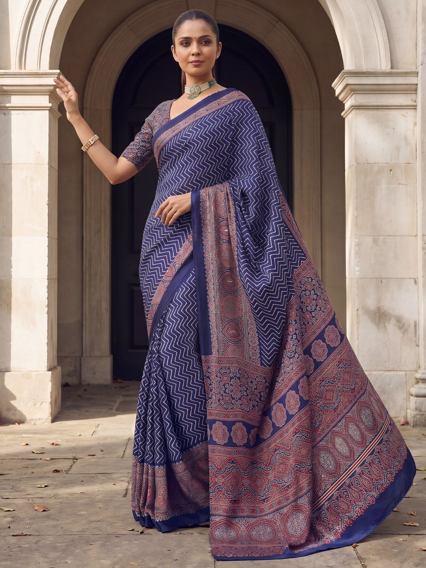 Women's Satin Blue Printed Designer Saree With Blouse Piece