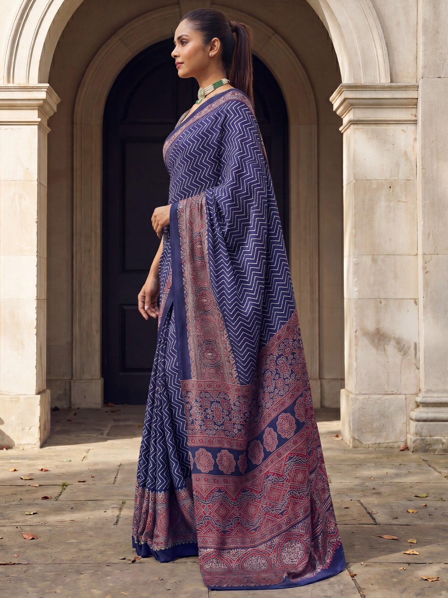 Women's Satin Blue Printed Designer Saree With Blouse Piece