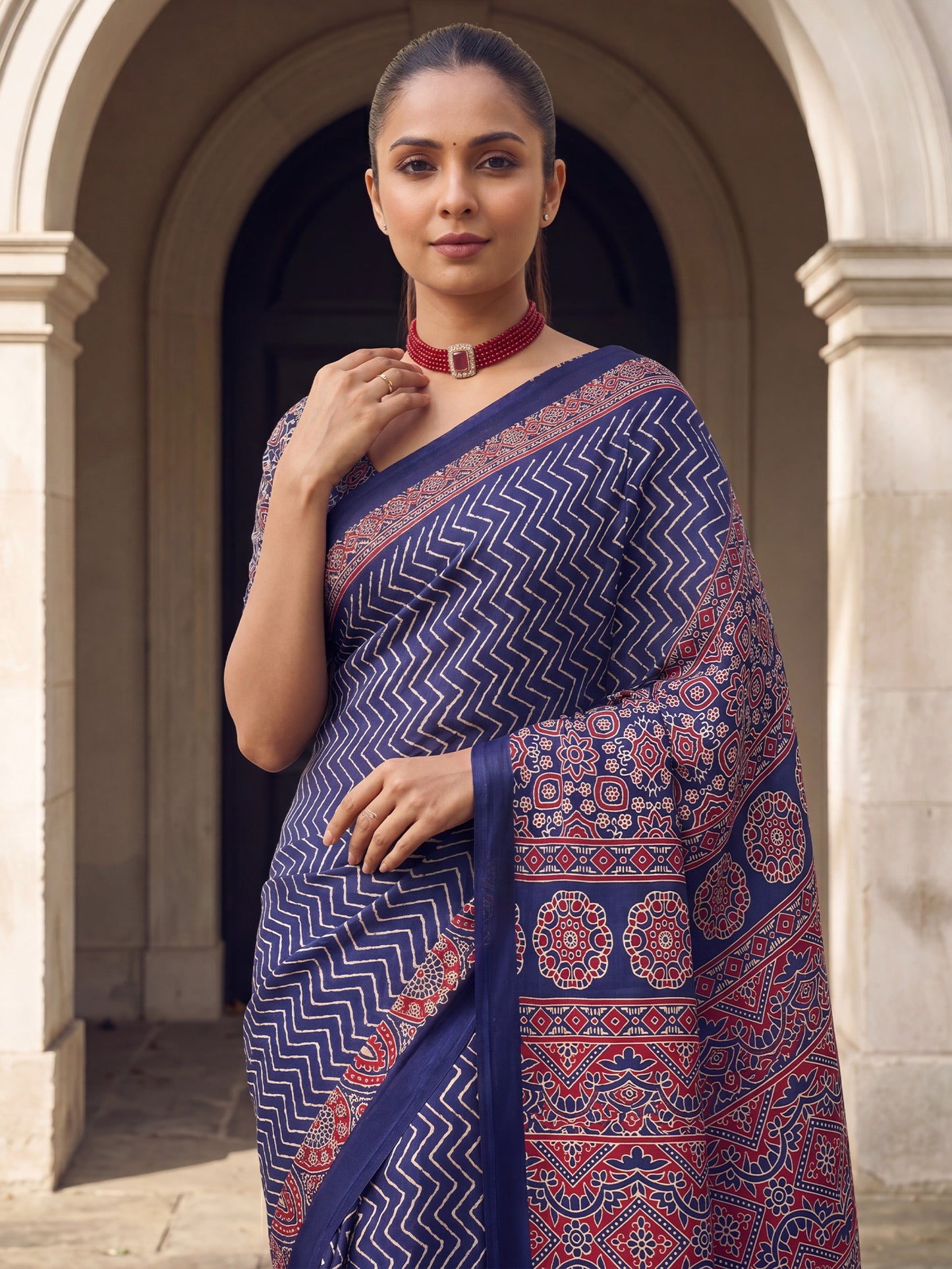 Women's Satin Blue Printed Designer Saree With Blouse Piece