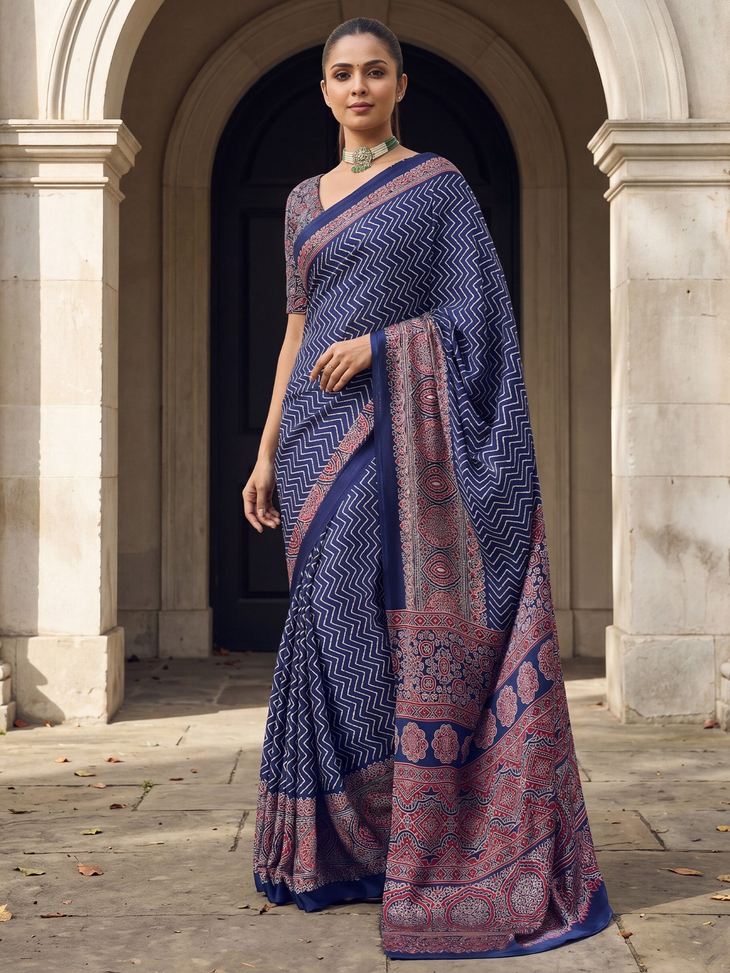 Women's Satin Blue Printed Designer Saree With Blouse Piece