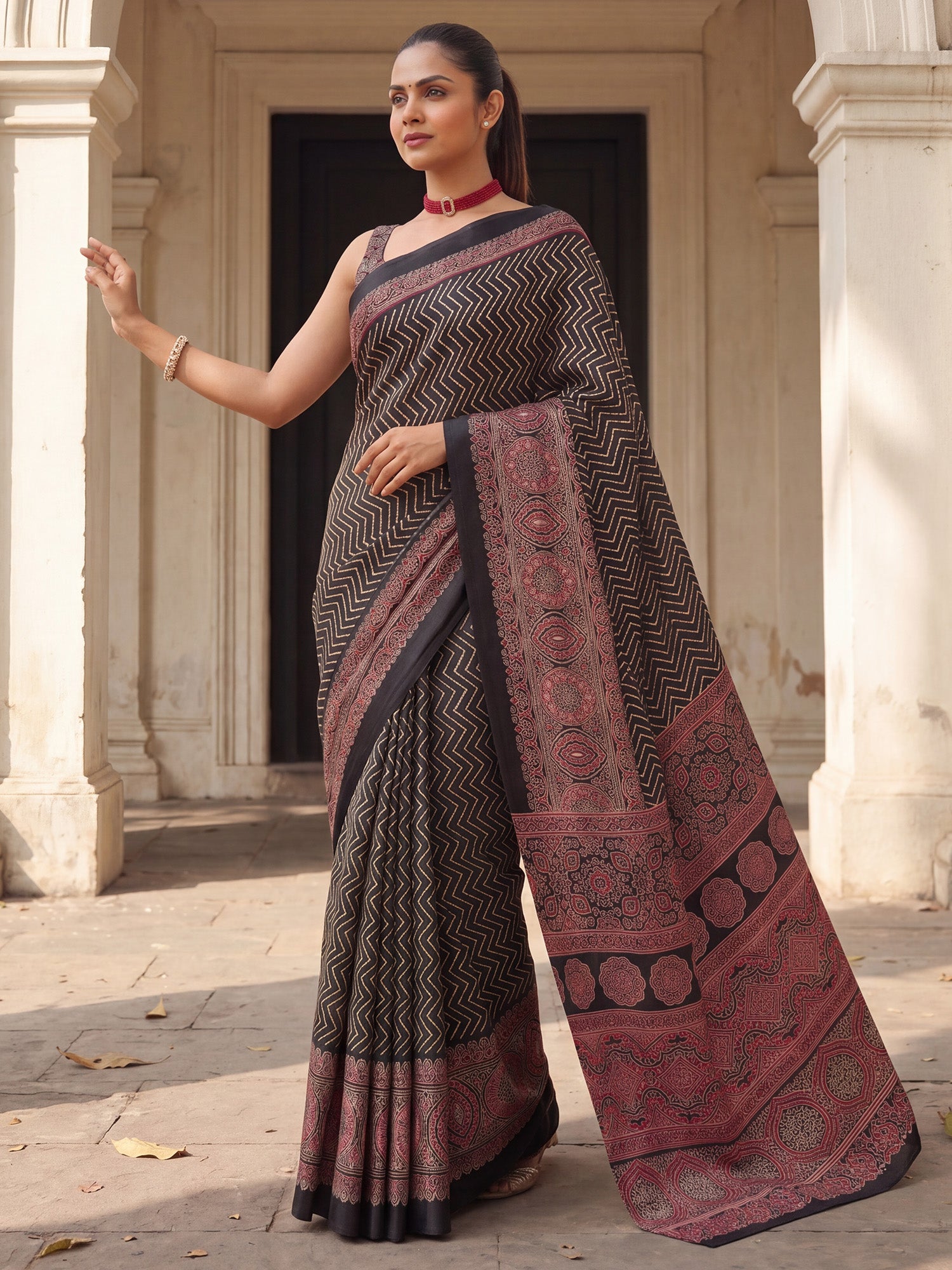 Women's Satin Black Printed Designer Saree With Blouse Piece